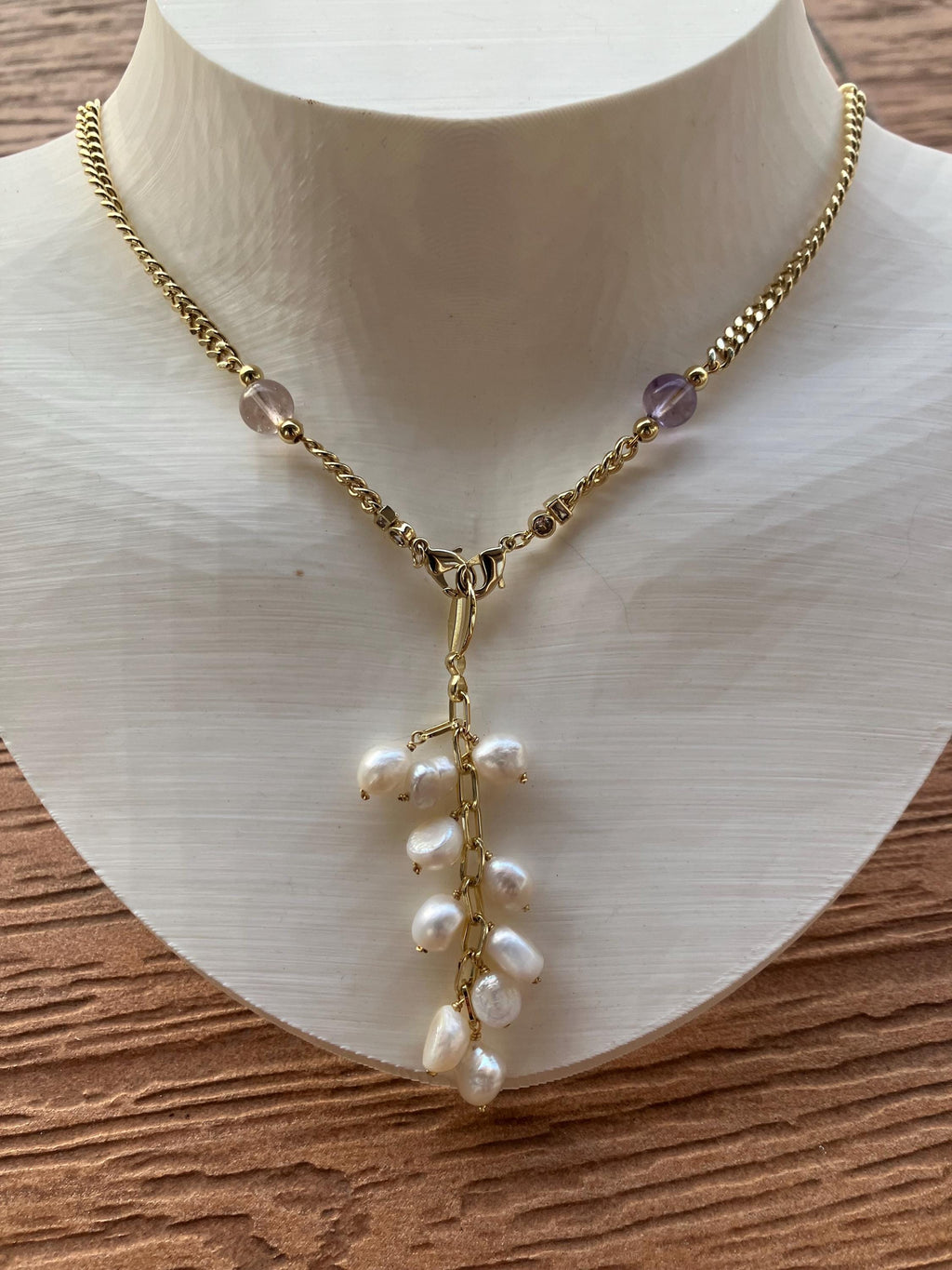 collier ras de cou pendentif grappe plaqué or, semi précieuse amétrine et perles naturelles d eau douce