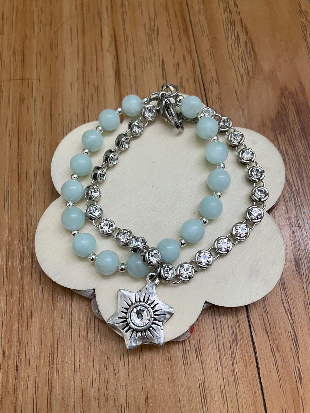 Bracelet semi precieuse, bracelet angelite vert, bracelet chic, bracelet double rang strass, fête des mères