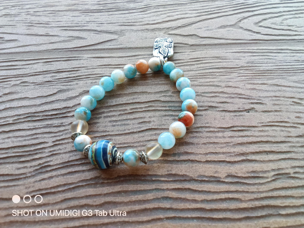 Bracelet semi précieuse calcédoine de Perse blanc bleu orange, bracelet fête des meres