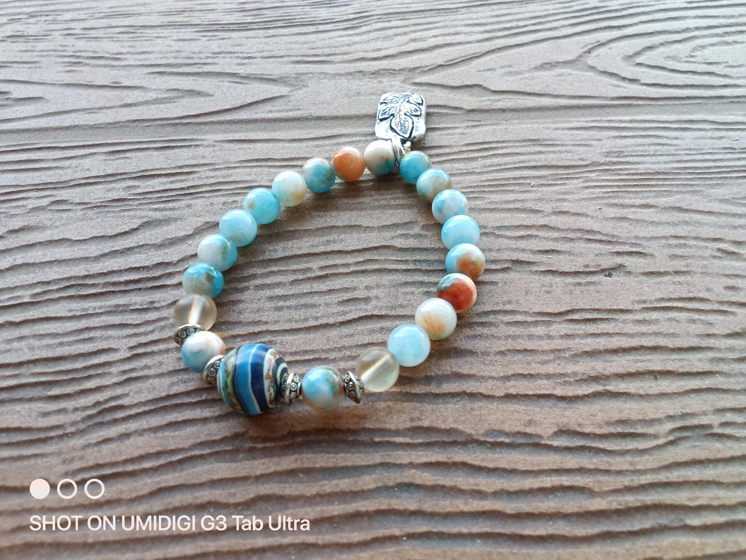 Bracelet semi précieuse calcédoine de Perse blanc bleu orange, bracelet fête des meres