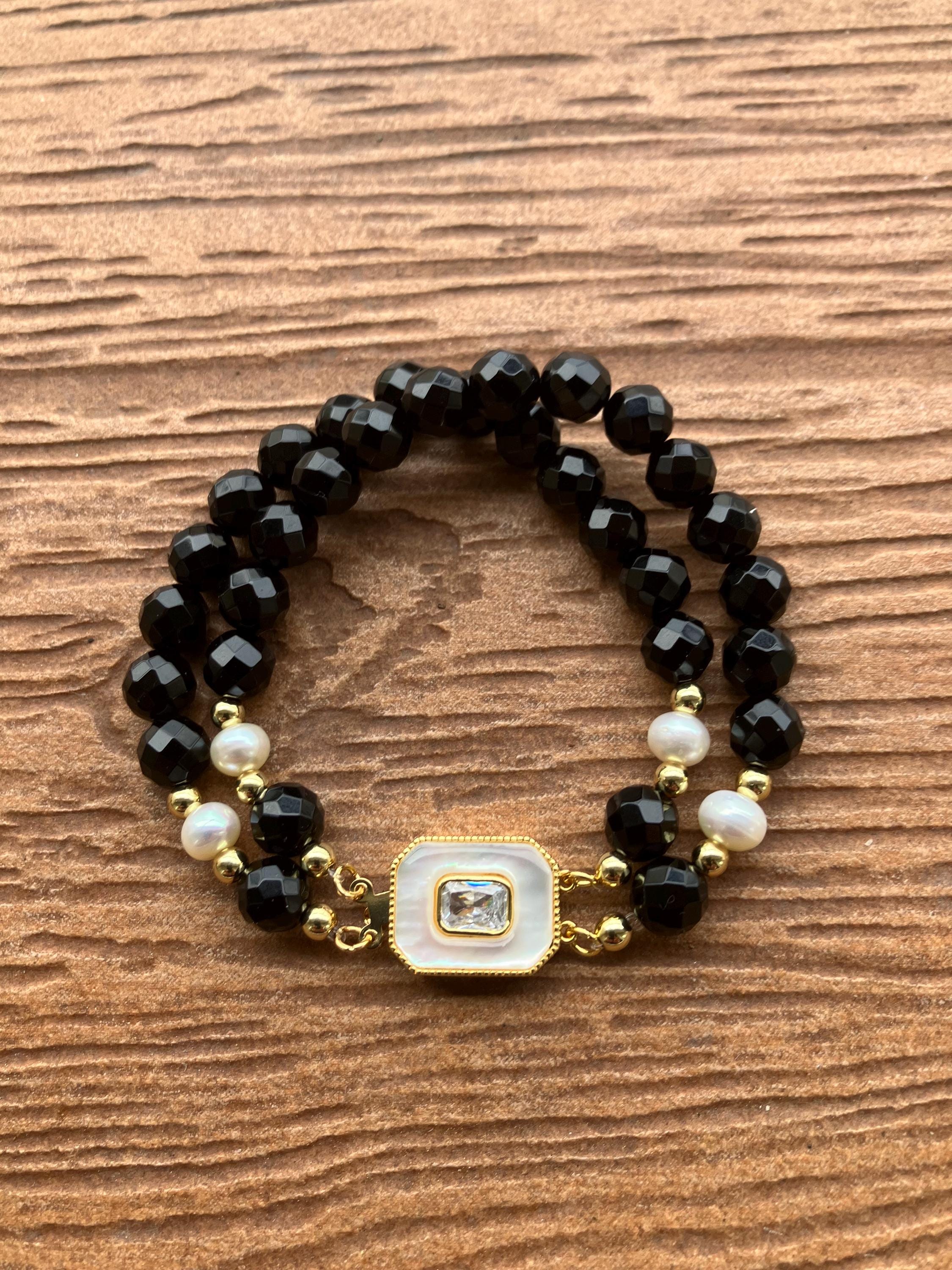 bracelet double rang semi précieuse onyx noir facette, plaqué or, nacre, cristal et perles de culture