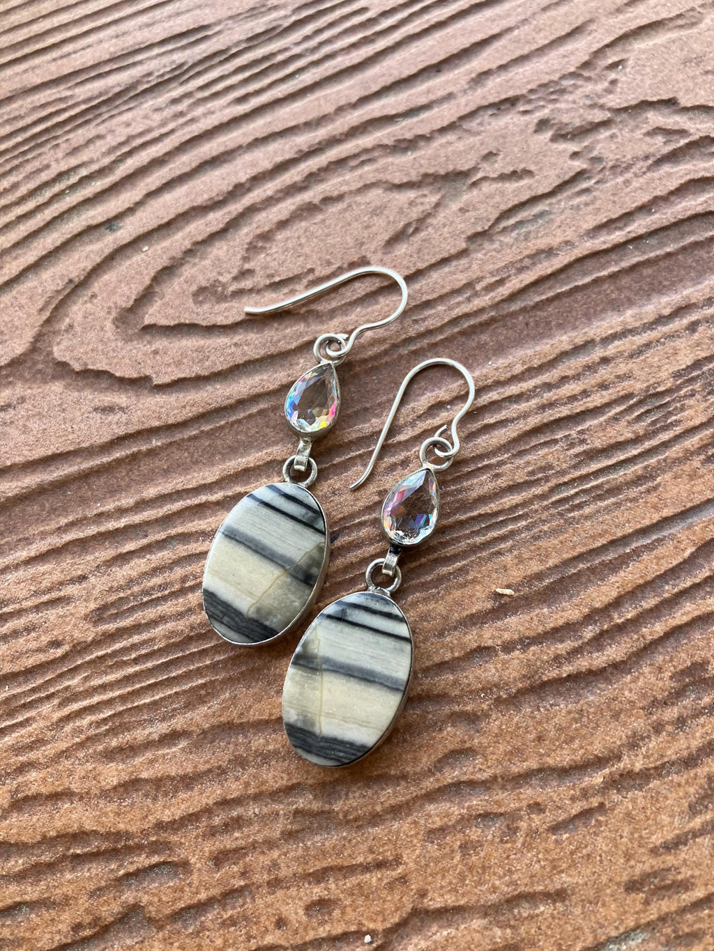 boucles pendantes en jaspe zébré,cristal et argent 925