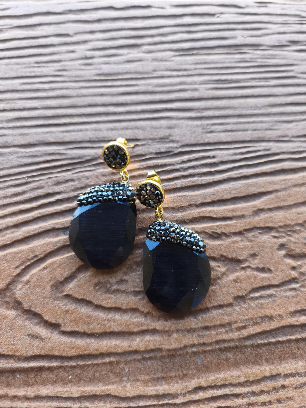 boucles semi précieuse quartz oeil de chat et strass