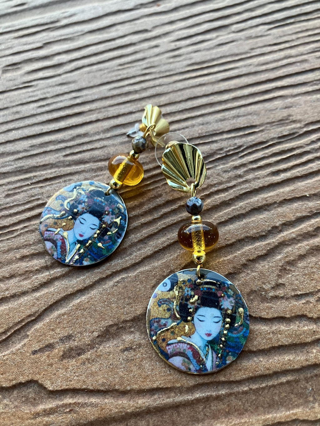 boucles japonisantes bohème chic marron et jaune, naelatelier