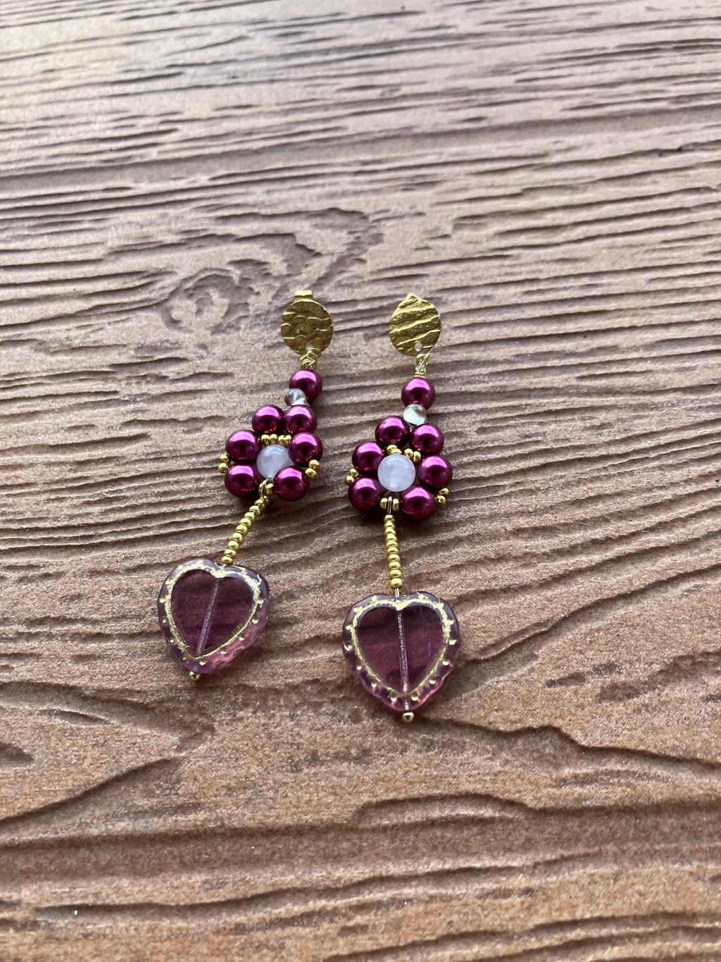 boucles fleur et cœur artistique en verre Picasso tchèque et semi précieuse quartz rose
