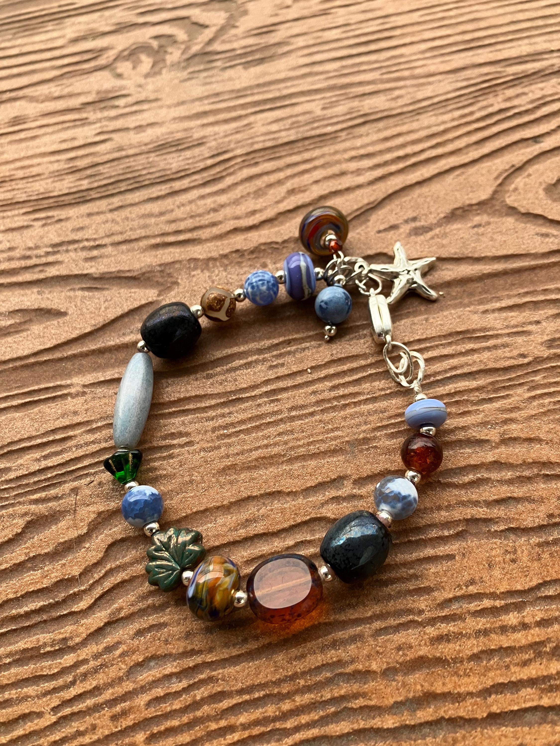 Bracelet, bracelet été, bleu, orange, semi precieuse, agate feu, agate tibétaine, verre filé d art