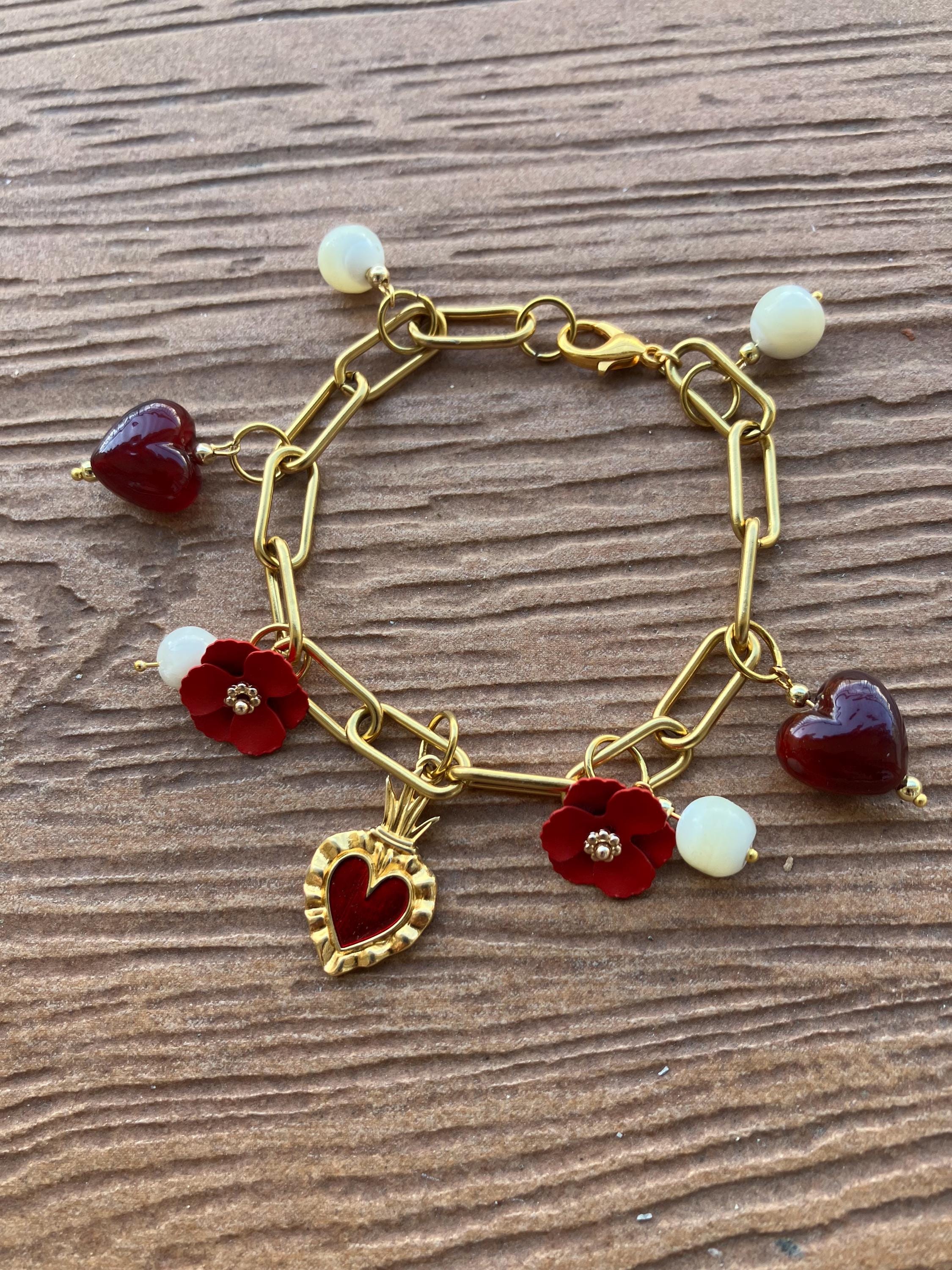 bracelet breloques en acier inoxydable, verre de murano, perles de nacre naturelles et plaqué or