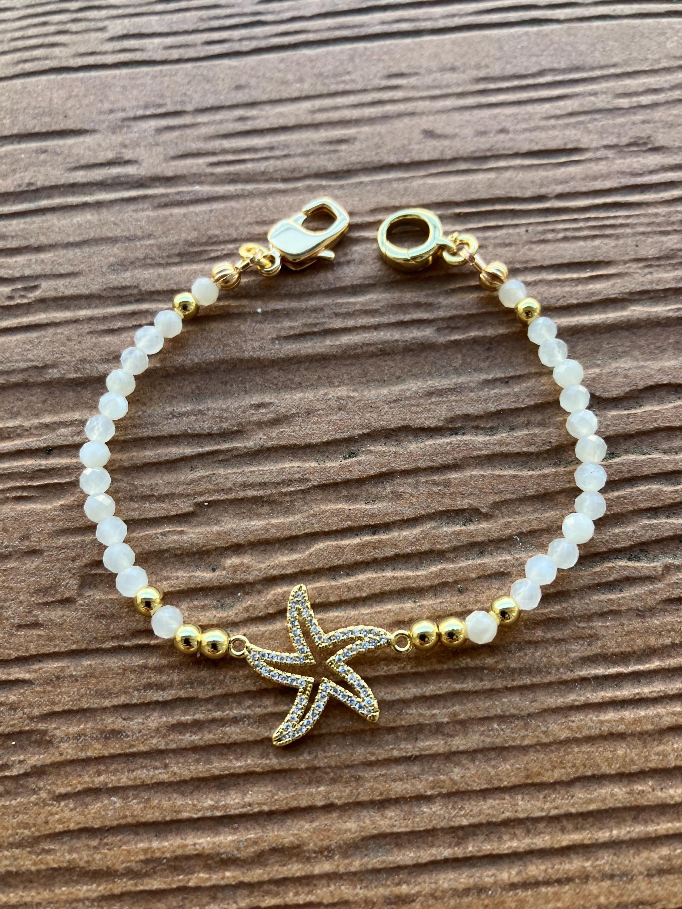 Bracelet chic minimaliste de semi précieuse pierres de lune et plaqué or 18k 3/5 microns avec connecteur étoile plaqué or 18k 3 microns