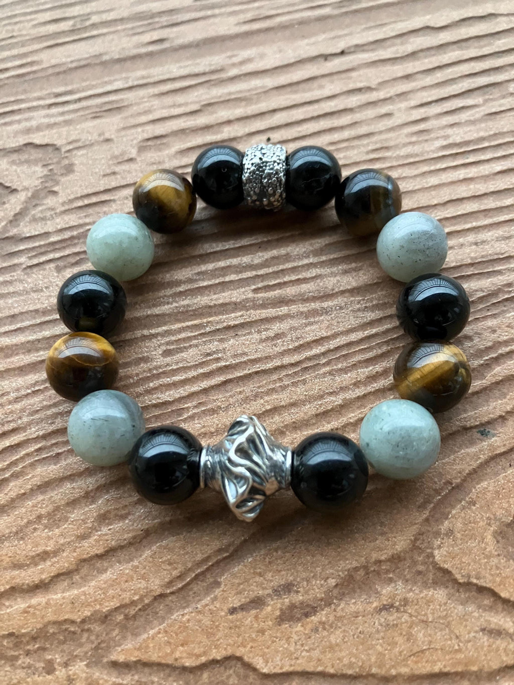 bracelet original semi précieuse en labradorite brute, onyx brillant et œil de tigre