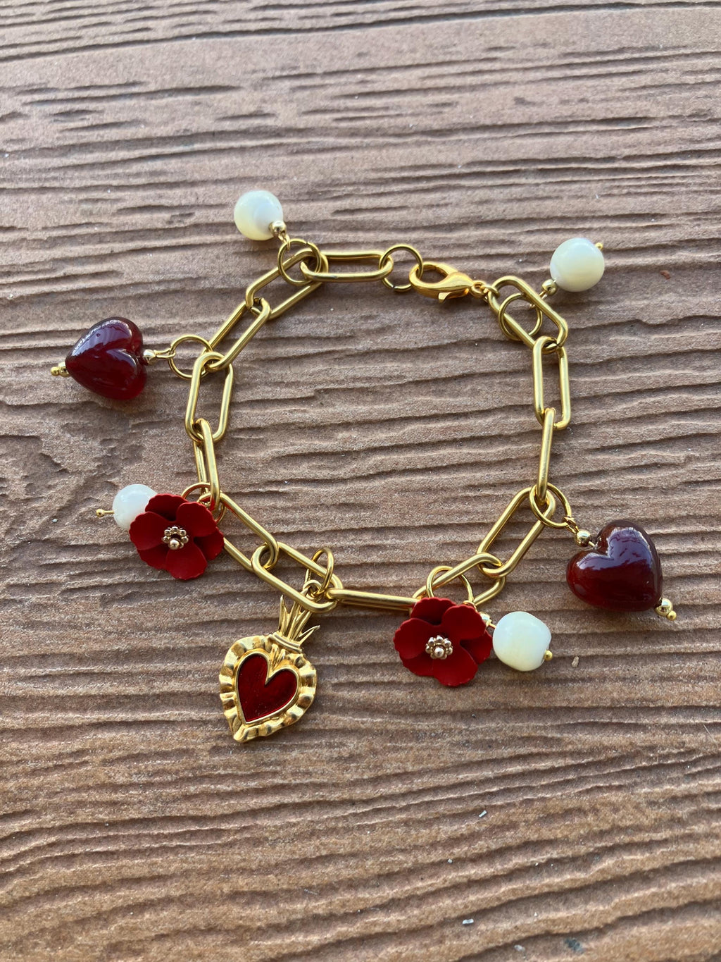 bracelet breloques en acier inoxydable, verre de murano, perles de nacre naturelles et plaqué or