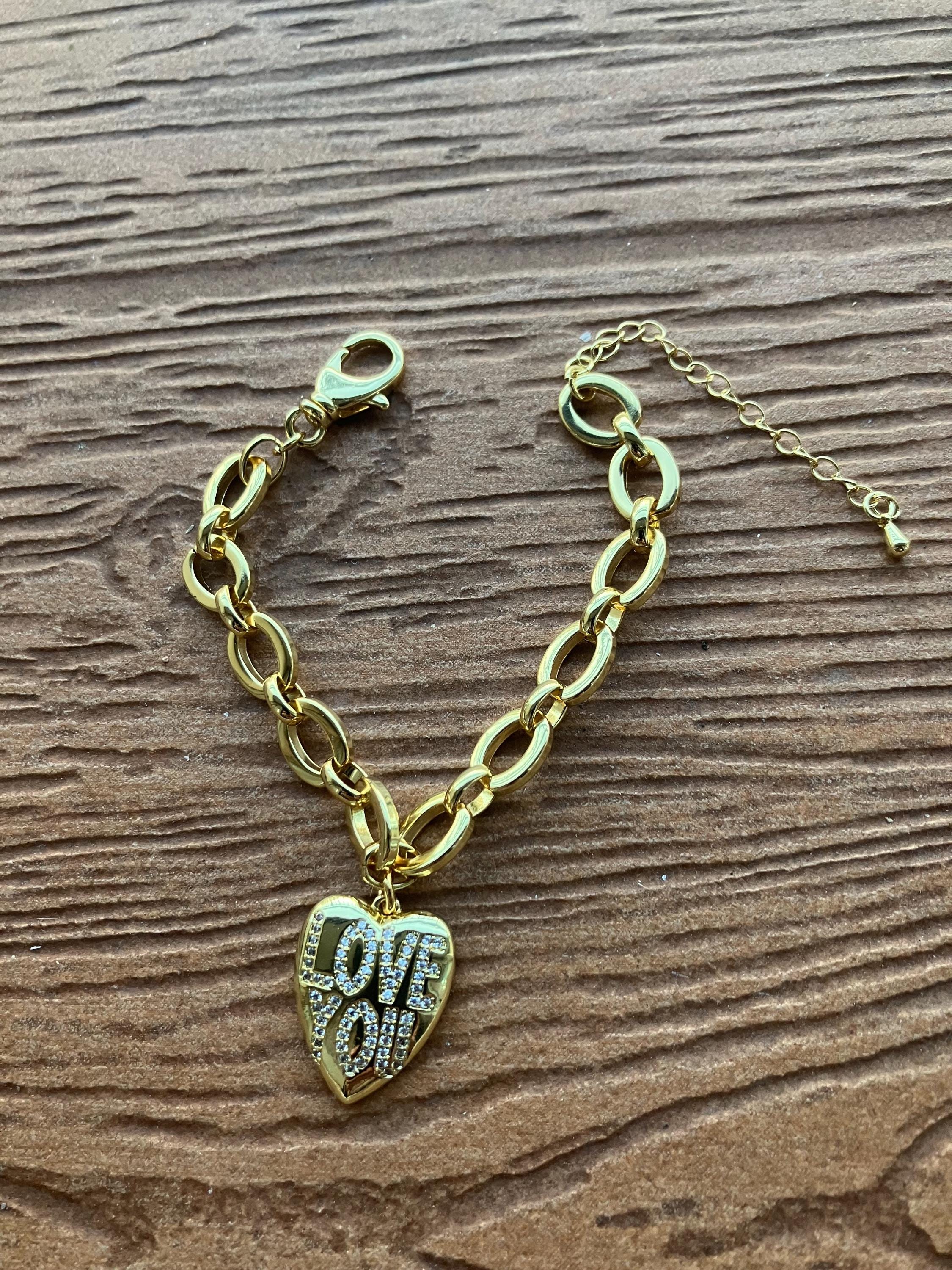 bracelet chic chaîne épaisse laiton plaqué or 18 carats maillons ovales entrelacés avec son Charm cœur expressif Love you en laiton aurifie