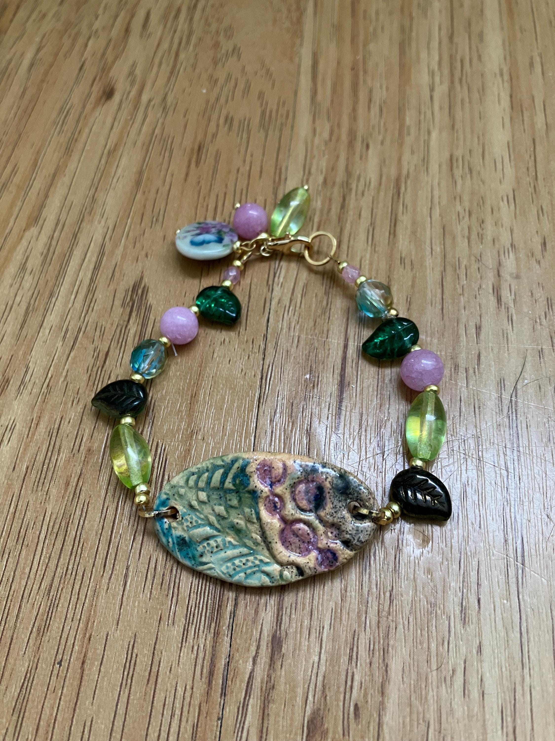 Bracelet, bracelet coloré été, céramique peint, quartz rose de Madagascar, verre tchèque