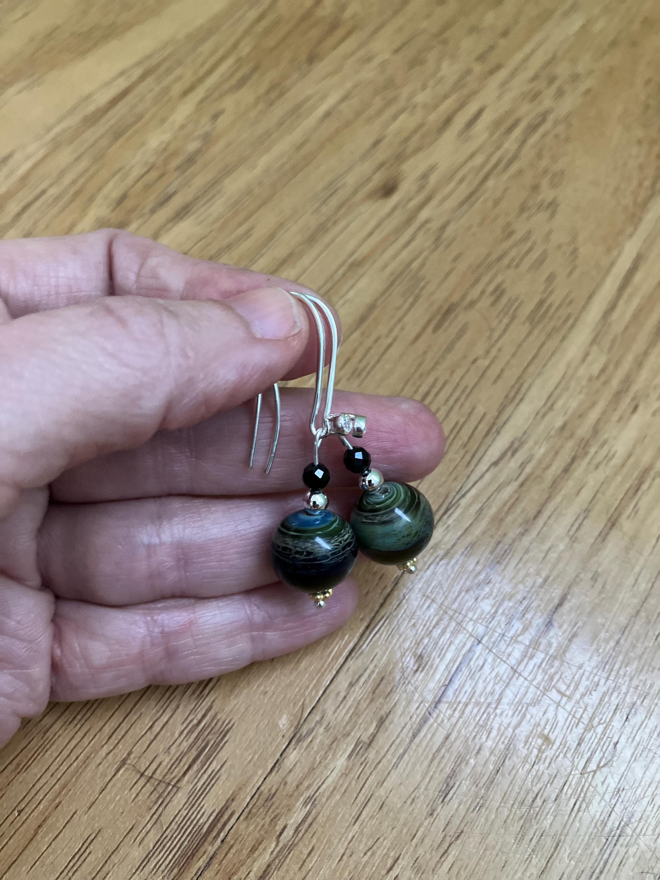 boucles, boucles classiques argent 925, verre filé d art, onyx, bleu, vert, noir