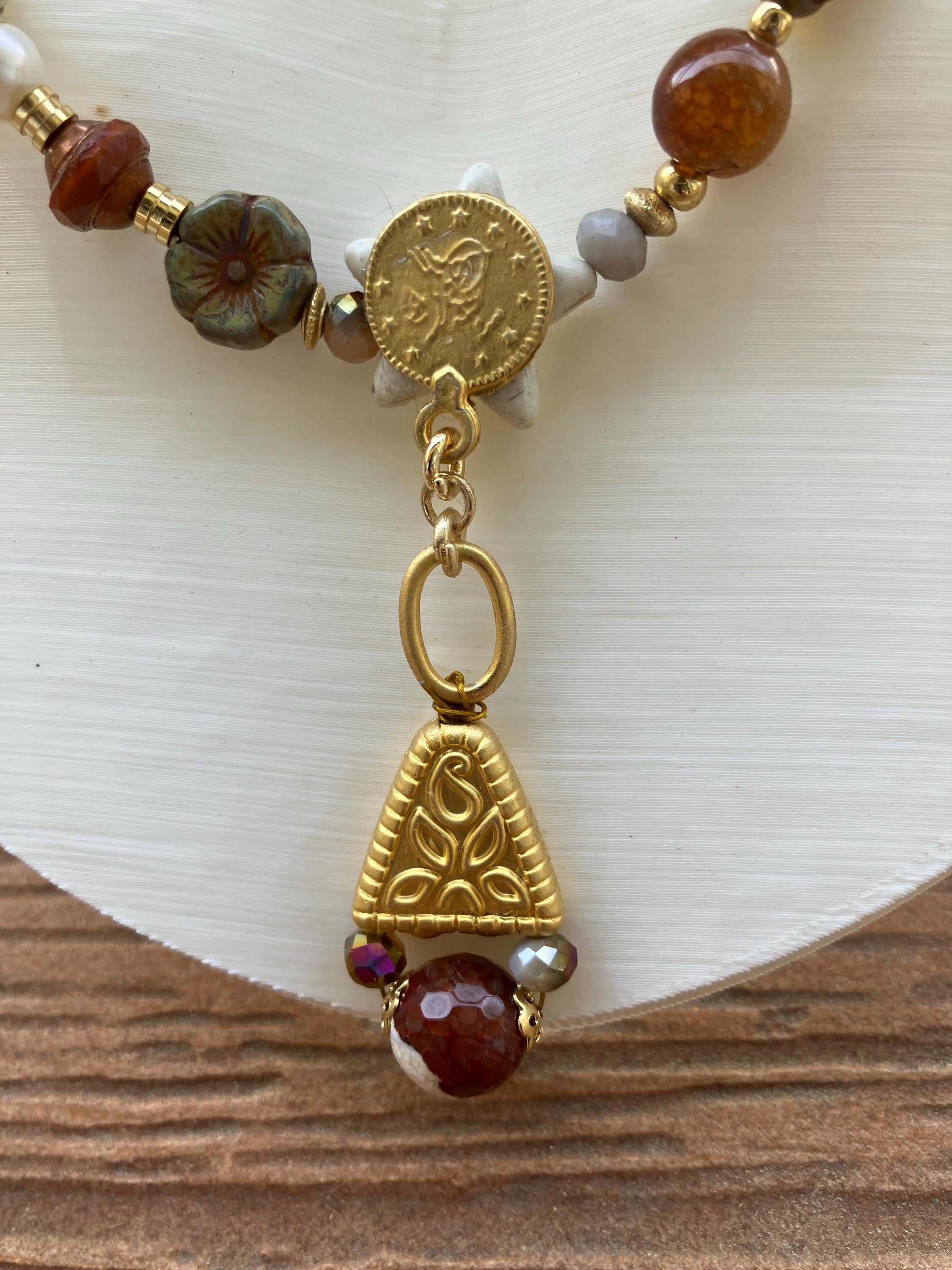 collier ethnique été, collier marron, collier jaune, collier africain, collier tendance, verre tcheque, agate
