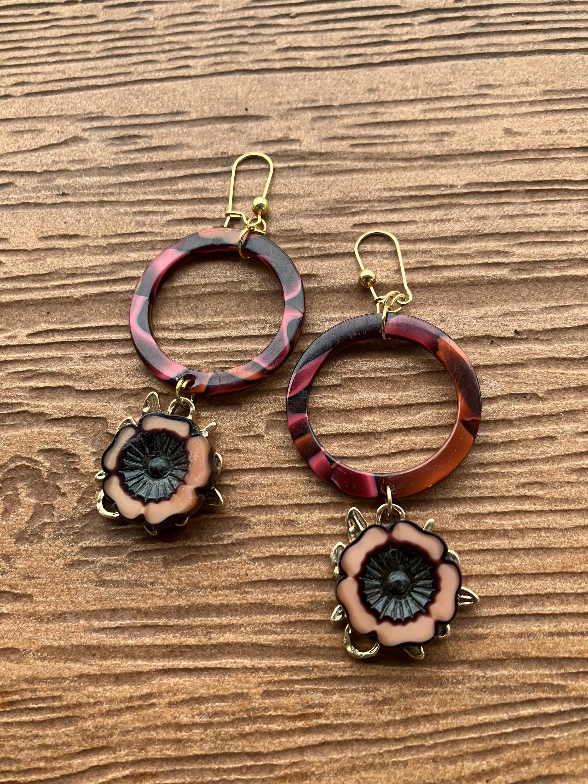 boucles créole artistiques hivernales romantiques en résine acétate et verre Picasso tchèque, boucles originales, anneaux