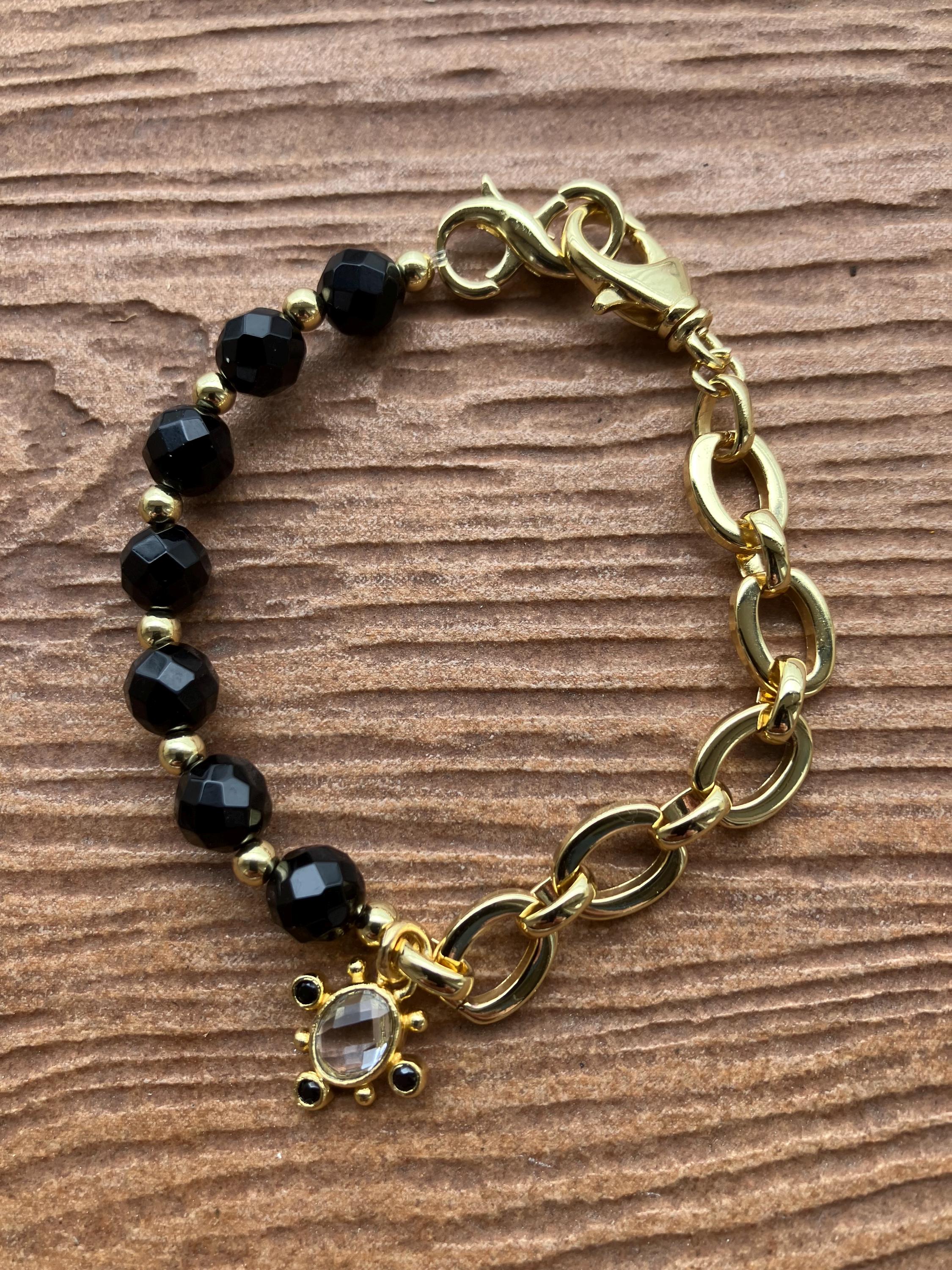 bracelet bi matière maille plaqué or et semi précieuse onyx noir facette