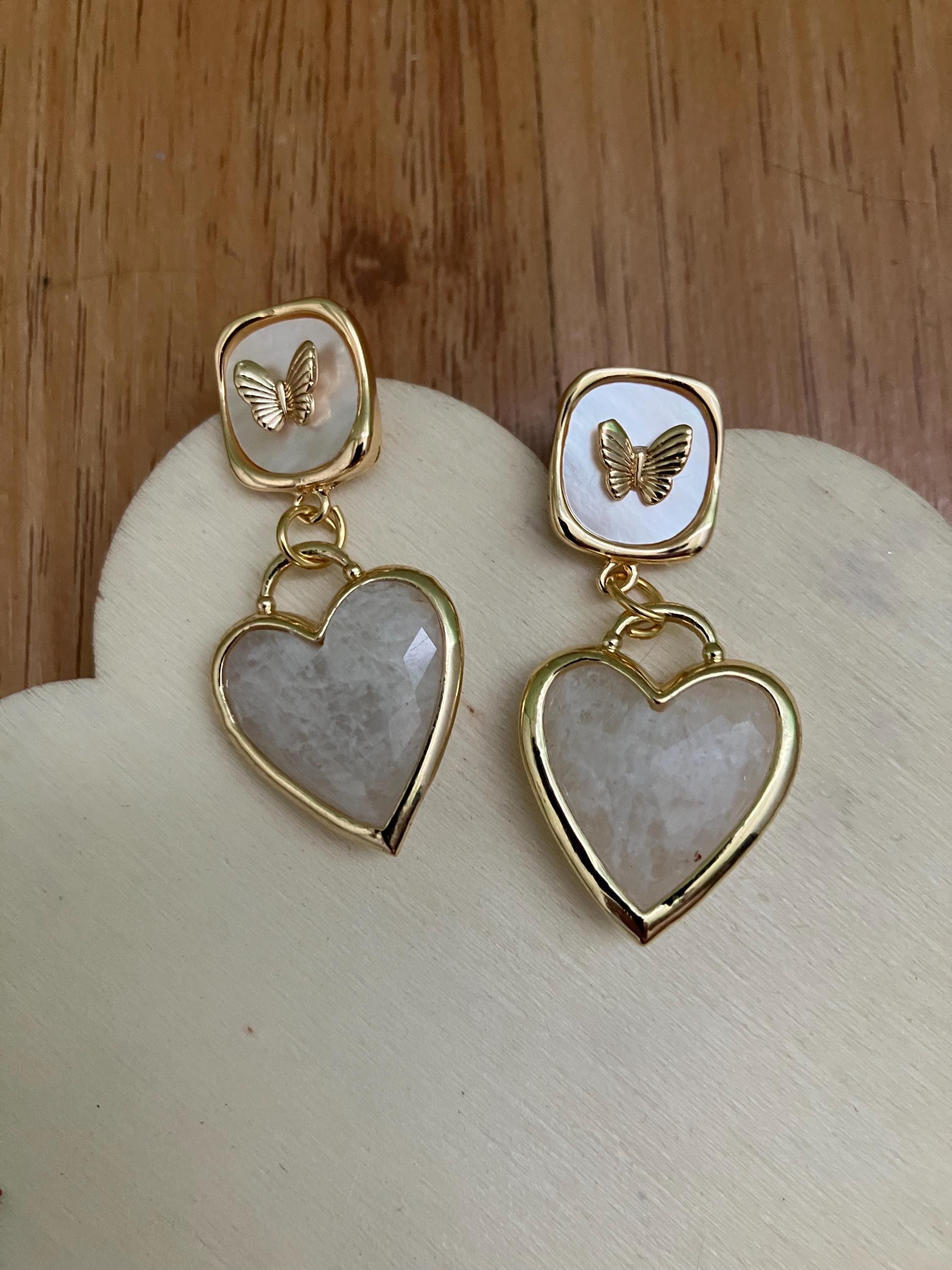 Boucles, boucles cœur, papillon, semi précieuse, pierre de lune, plaqué or 14k