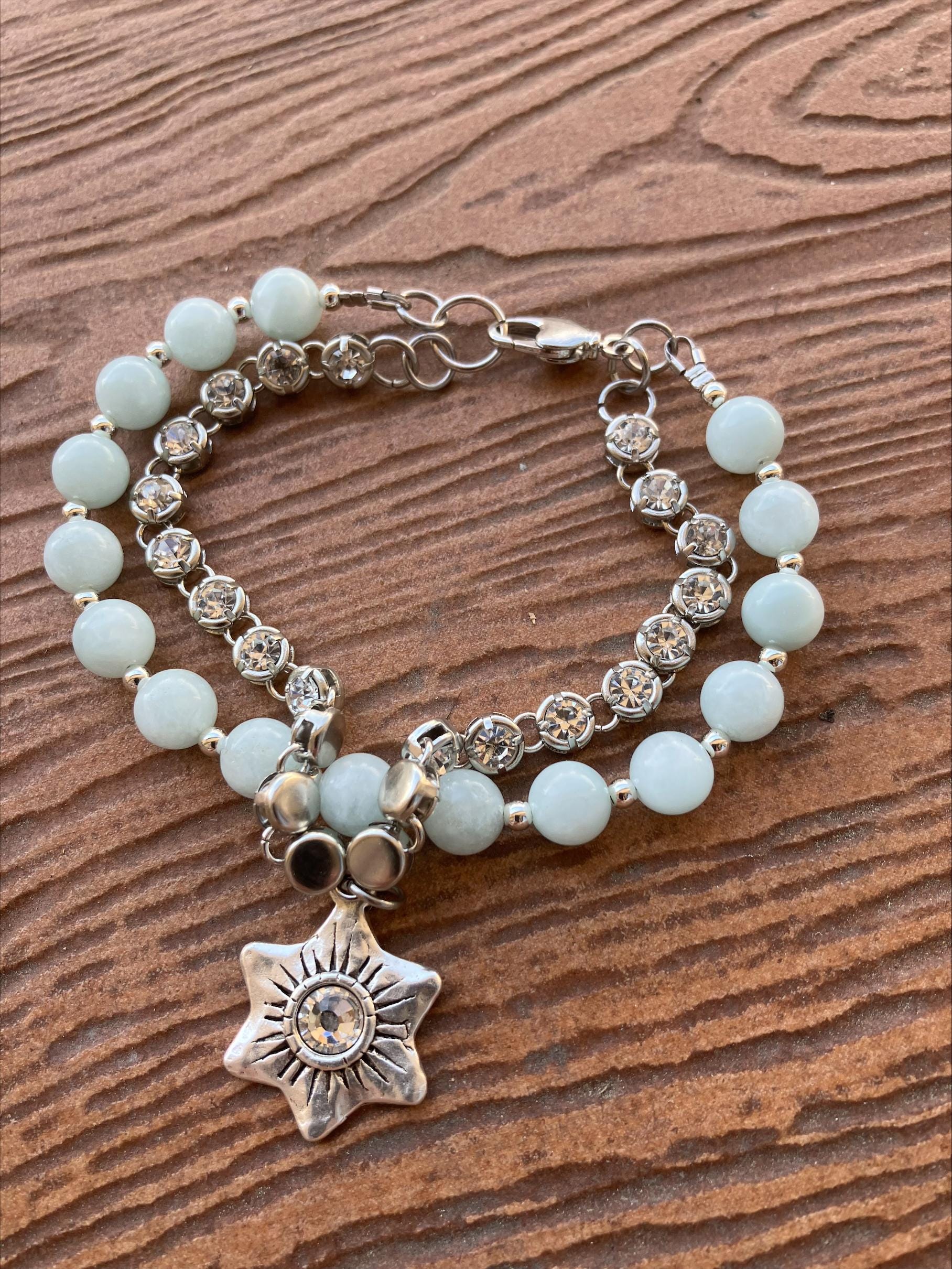 Bracelet semi precieuse, bracelet angelite vert, bracelet chic, bracelet double rang strass, fête des mères