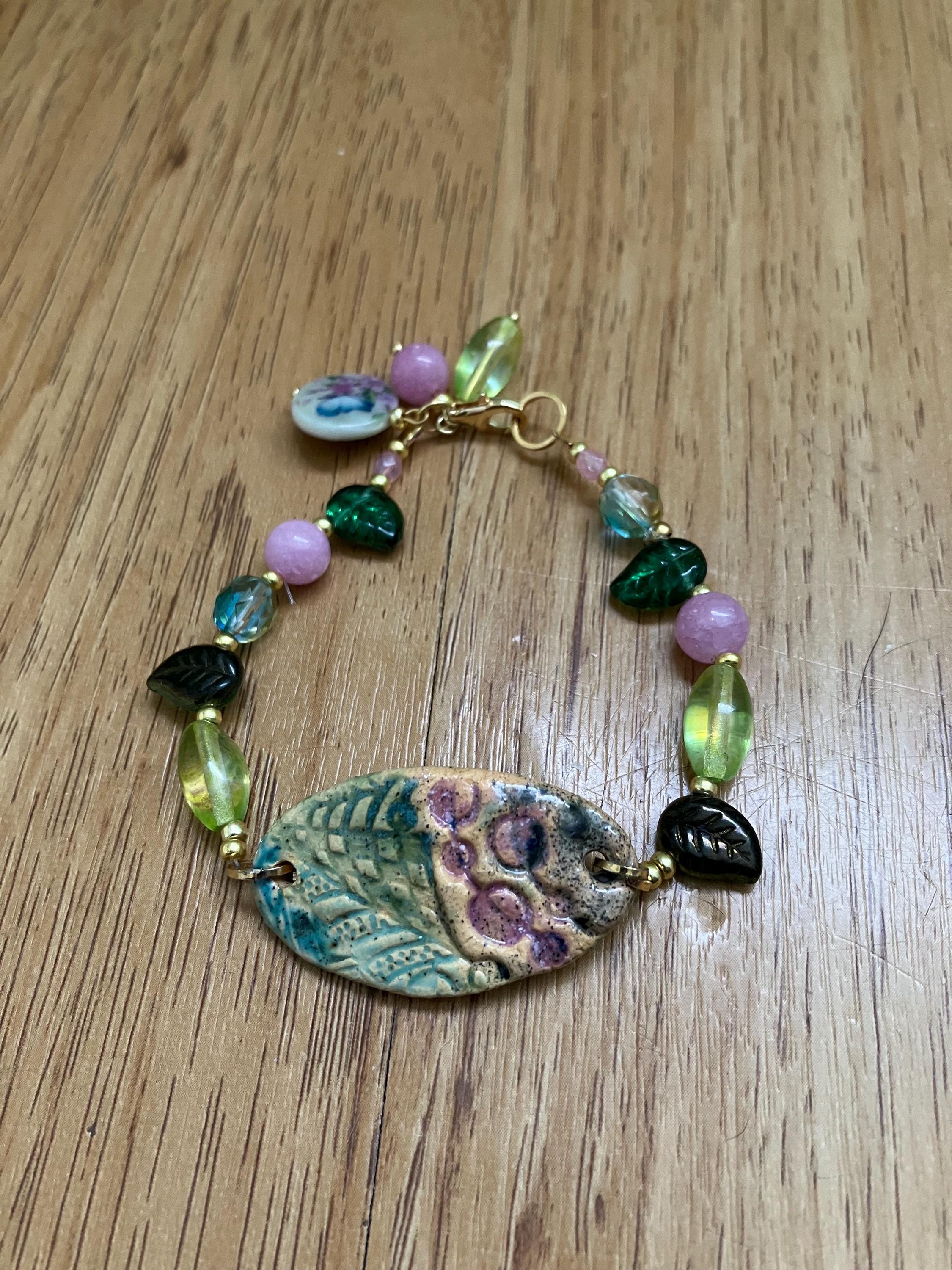 Bracelet, bracelet coloré été, céramique peint, quartz rose de Madagascar, verre tchèque