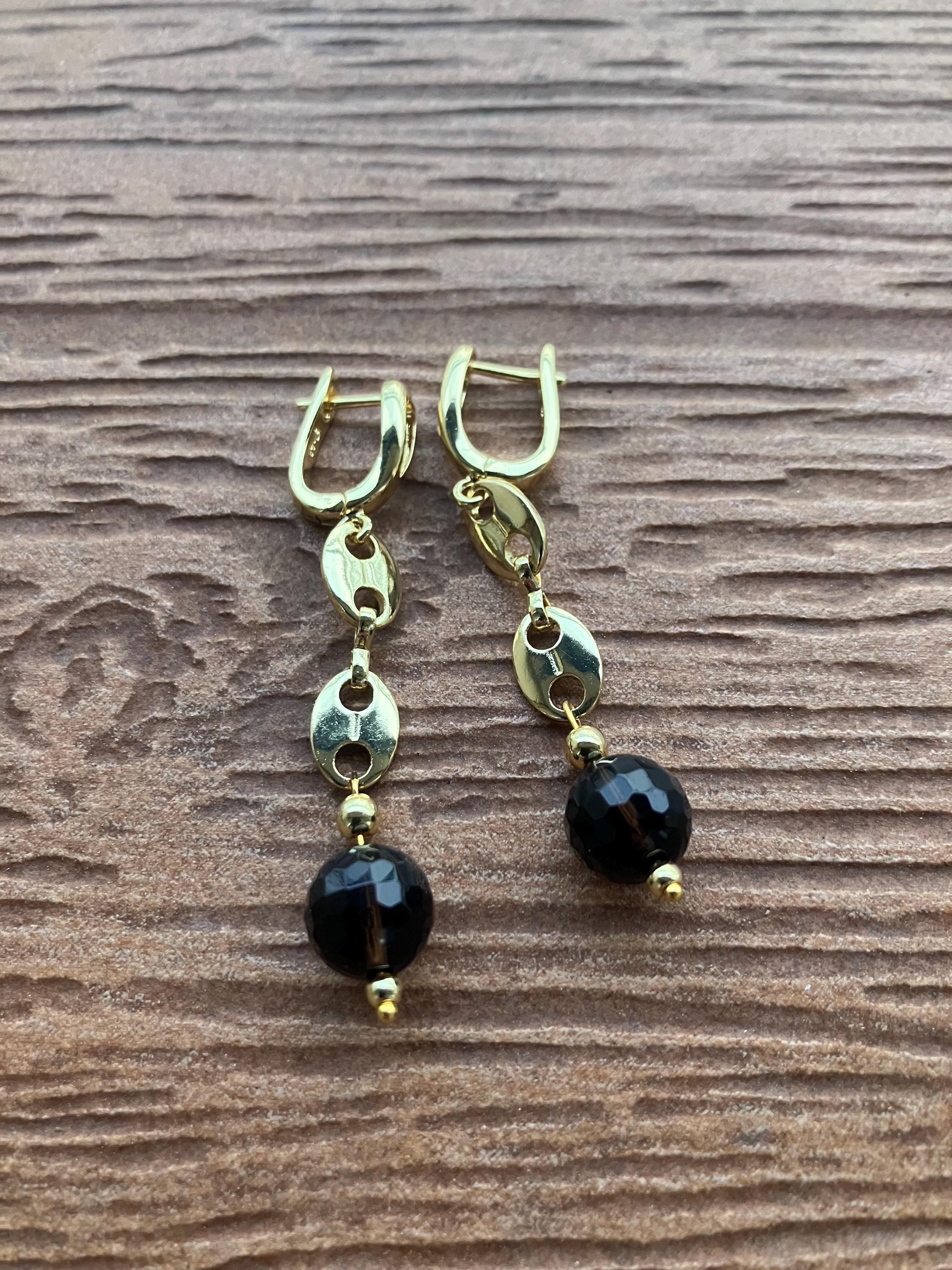 boucles modernes grain de café plaqué or et semi précieuse quartz fume facette