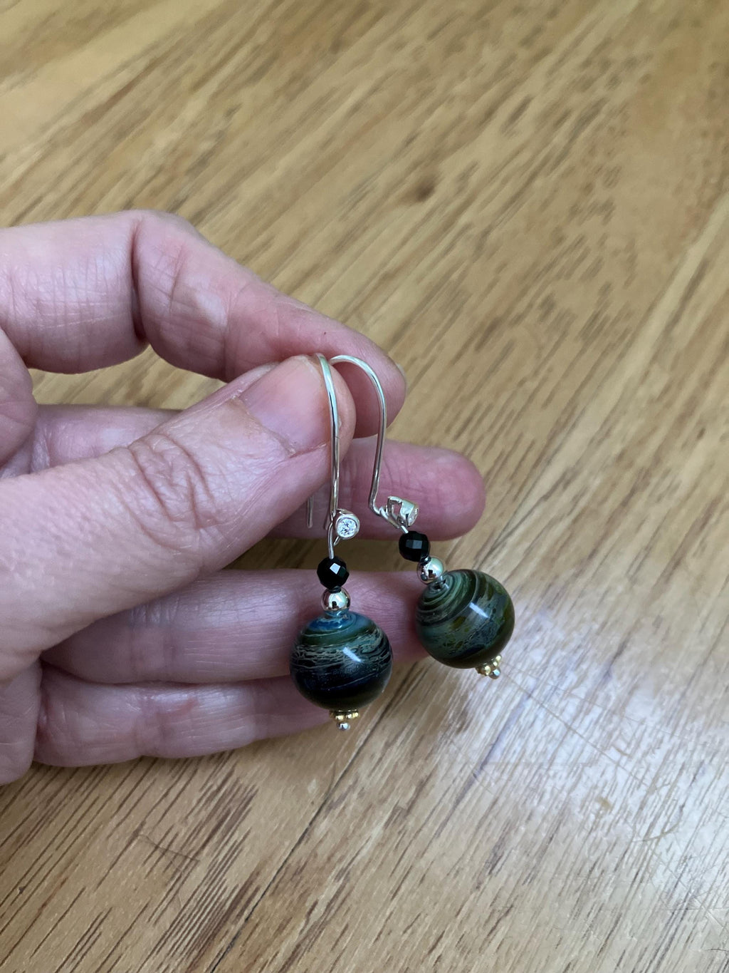 boucles, boucles classiques argent 925, verre filé d art, onyx, bleu, vert, noir