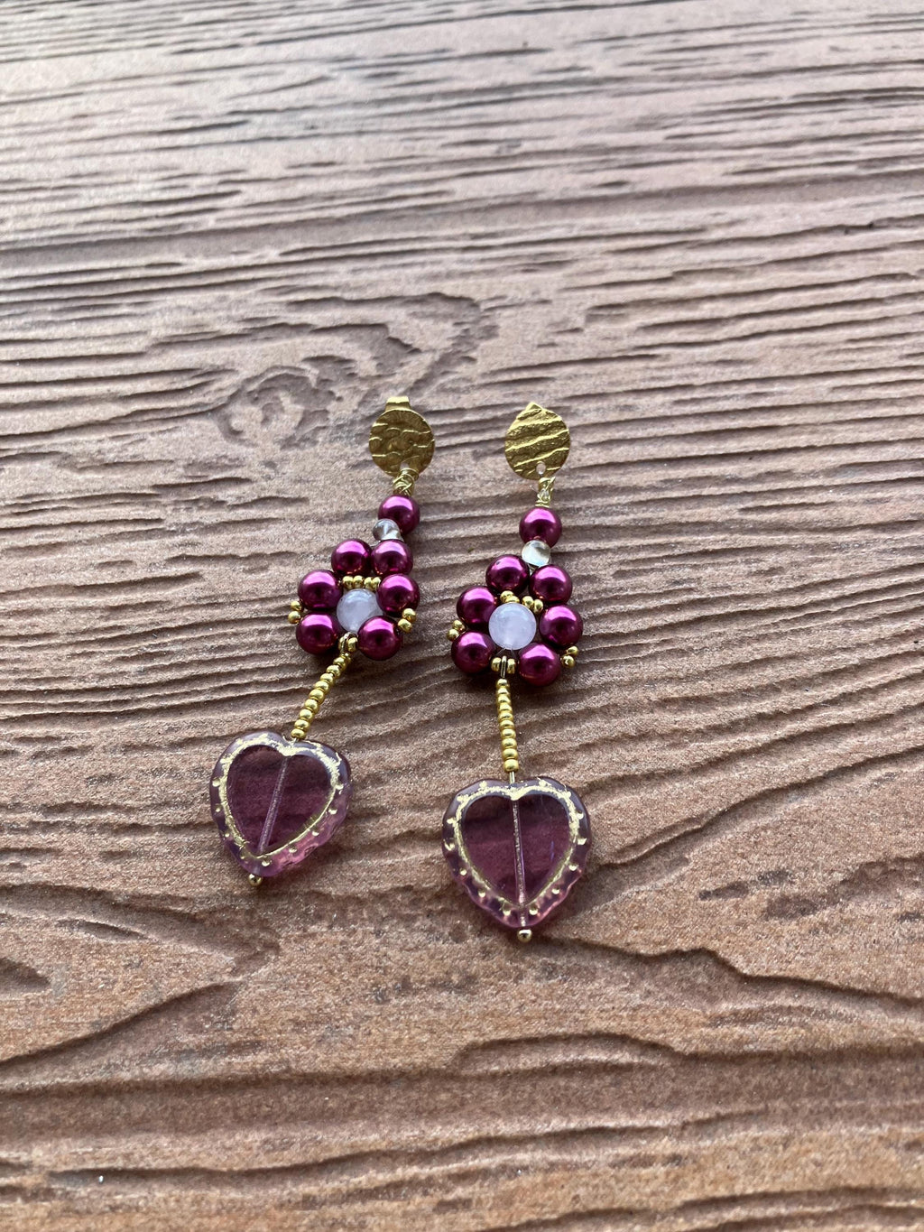 boucles fleur et cœur artistique en verre Picasso tchèque et semi précieuse quartz rose