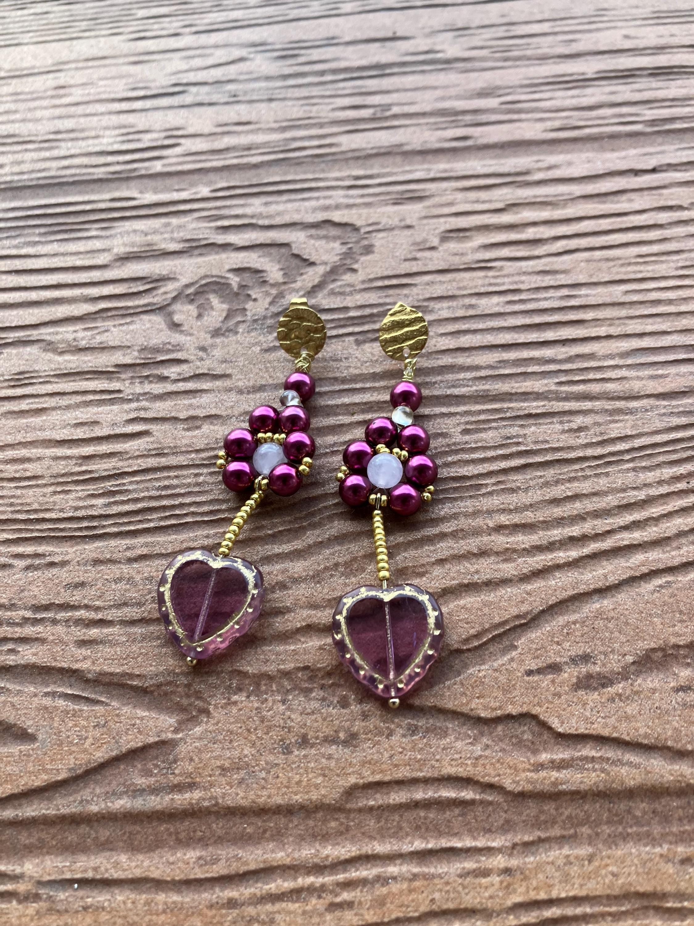 boucles fleur et cœur artistique en verre Picasso tchèque et semi précieuse quartz rose