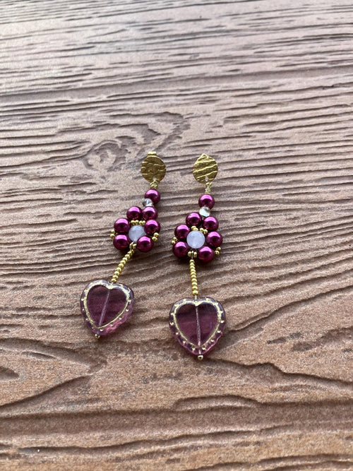 boucles fleur et cœur artistique en verre Picasso tchèque et semi précieuse quartz rose