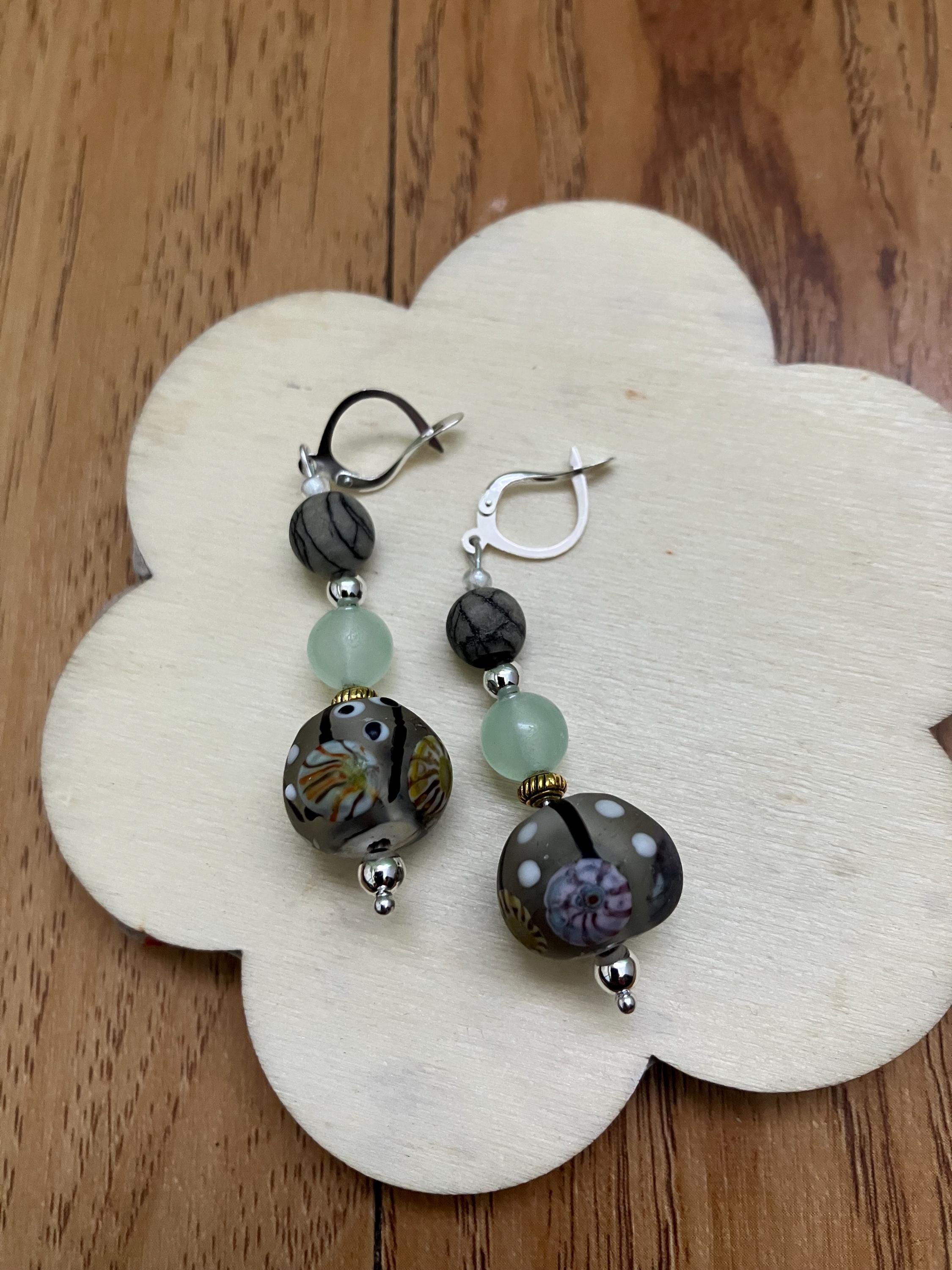 Boucles, boucles originales, boucles romantiques, verre filé d art, semi précieuse, aventurine, jaspe zèbre, argent 925