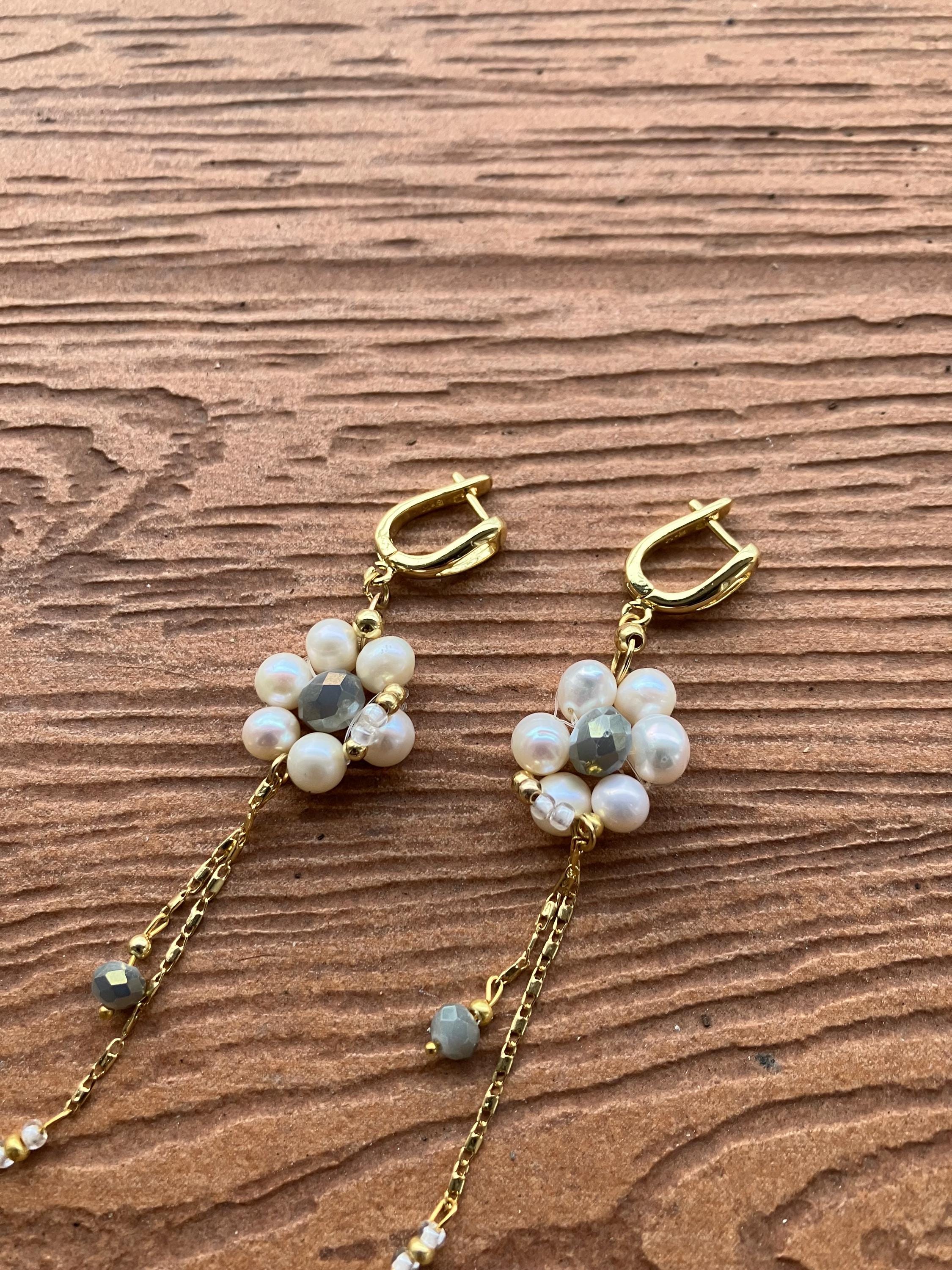 Longues boucles d oreilles romantiques en plaqué or 18 carats, perles naturelles d eau douce et verre tchèque