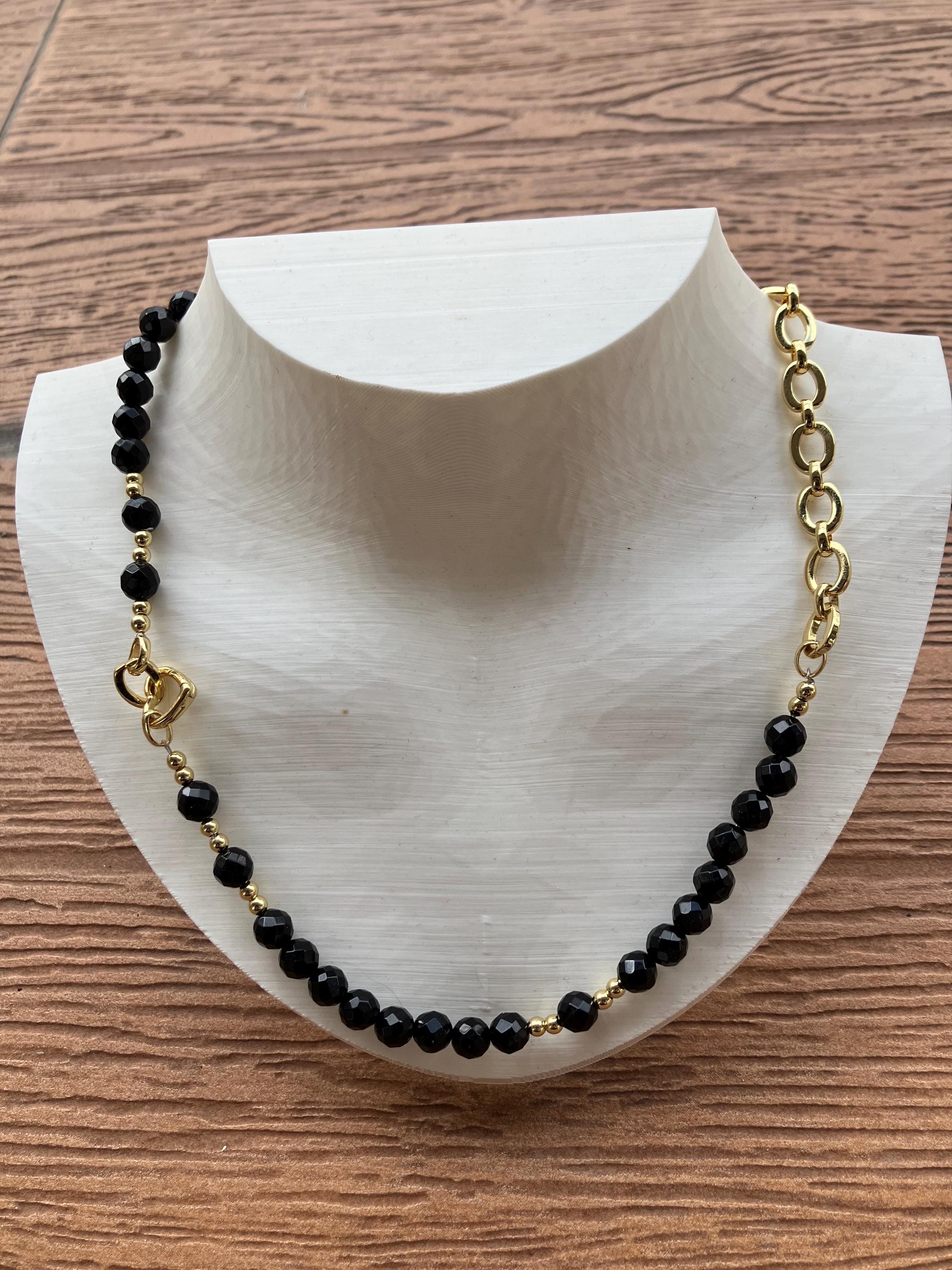 collier original bi matière plaqué or et semi précieuse onyx noir facette