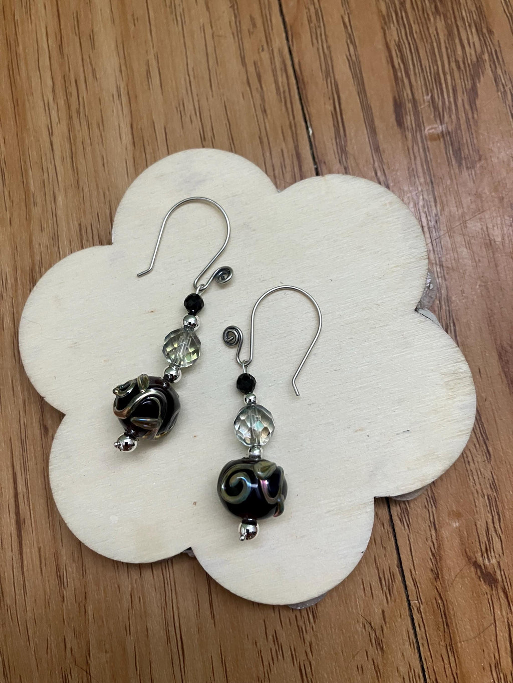 Boucles, Boucles semi précieuse, onyx, cristal de quartz , verre filé d art, argent 925 oxyde