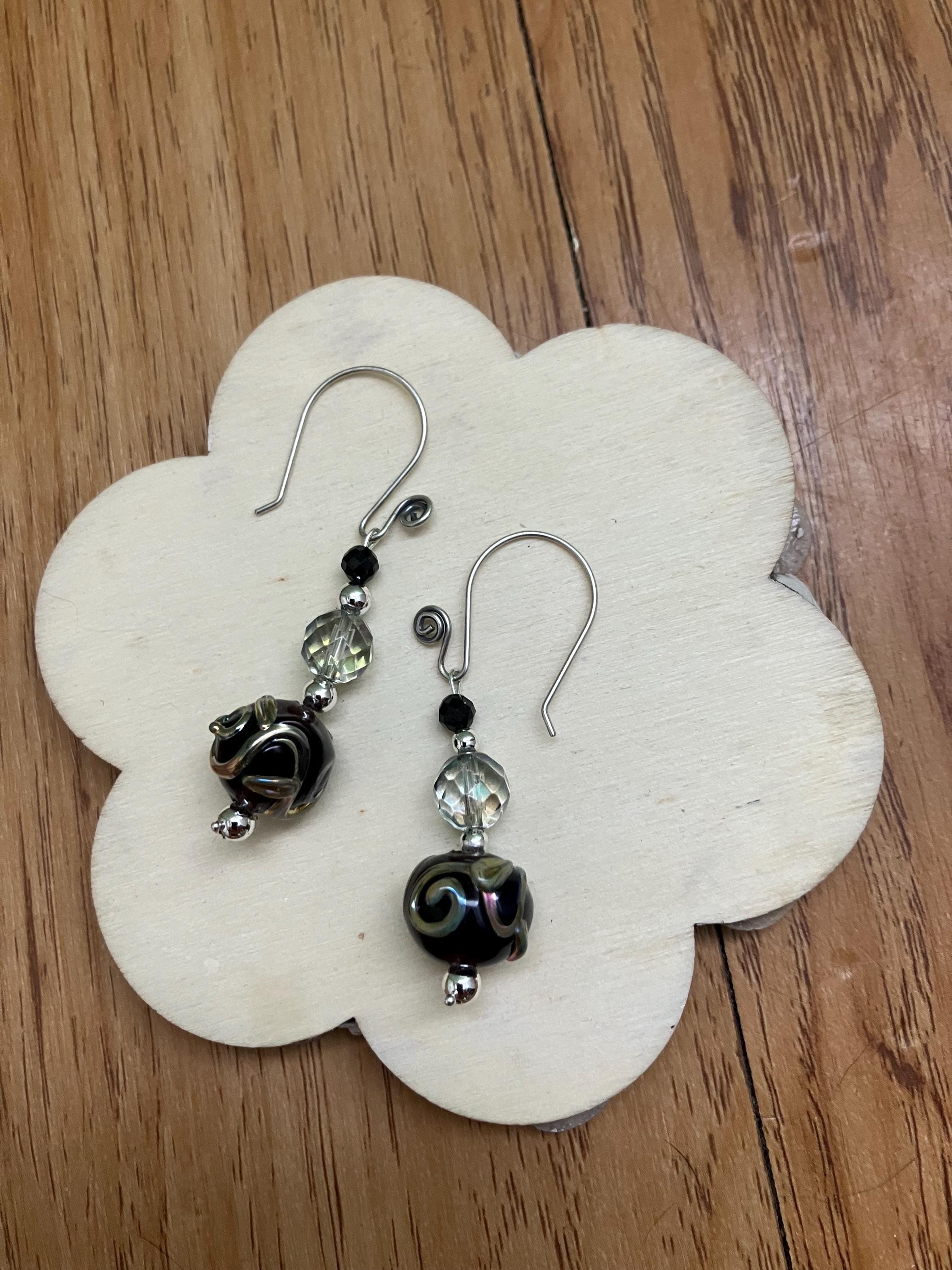 Boucles, Boucles semi précieuse, onyx, cristal de quartz , verre filé d art, argent 925 oxyde