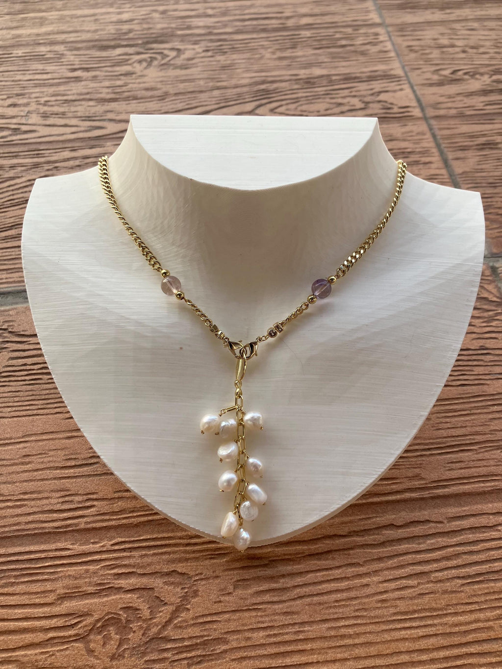 collier ras de cou pendentif grappe plaqué or, semi précieuse amétrine et perles naturelles d eau douce