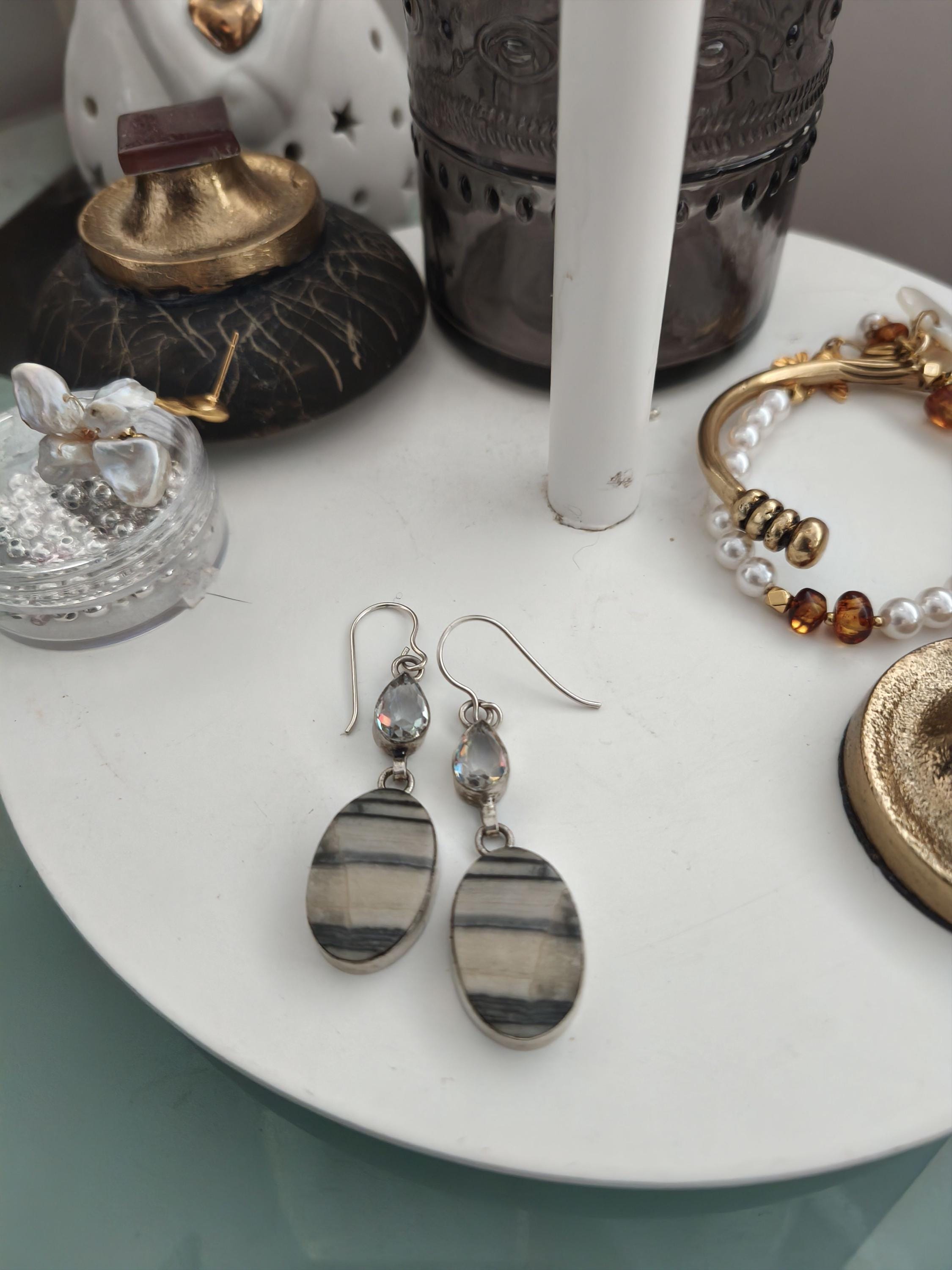 boucles pendantes en jaspe zébré,cristal et argent 925