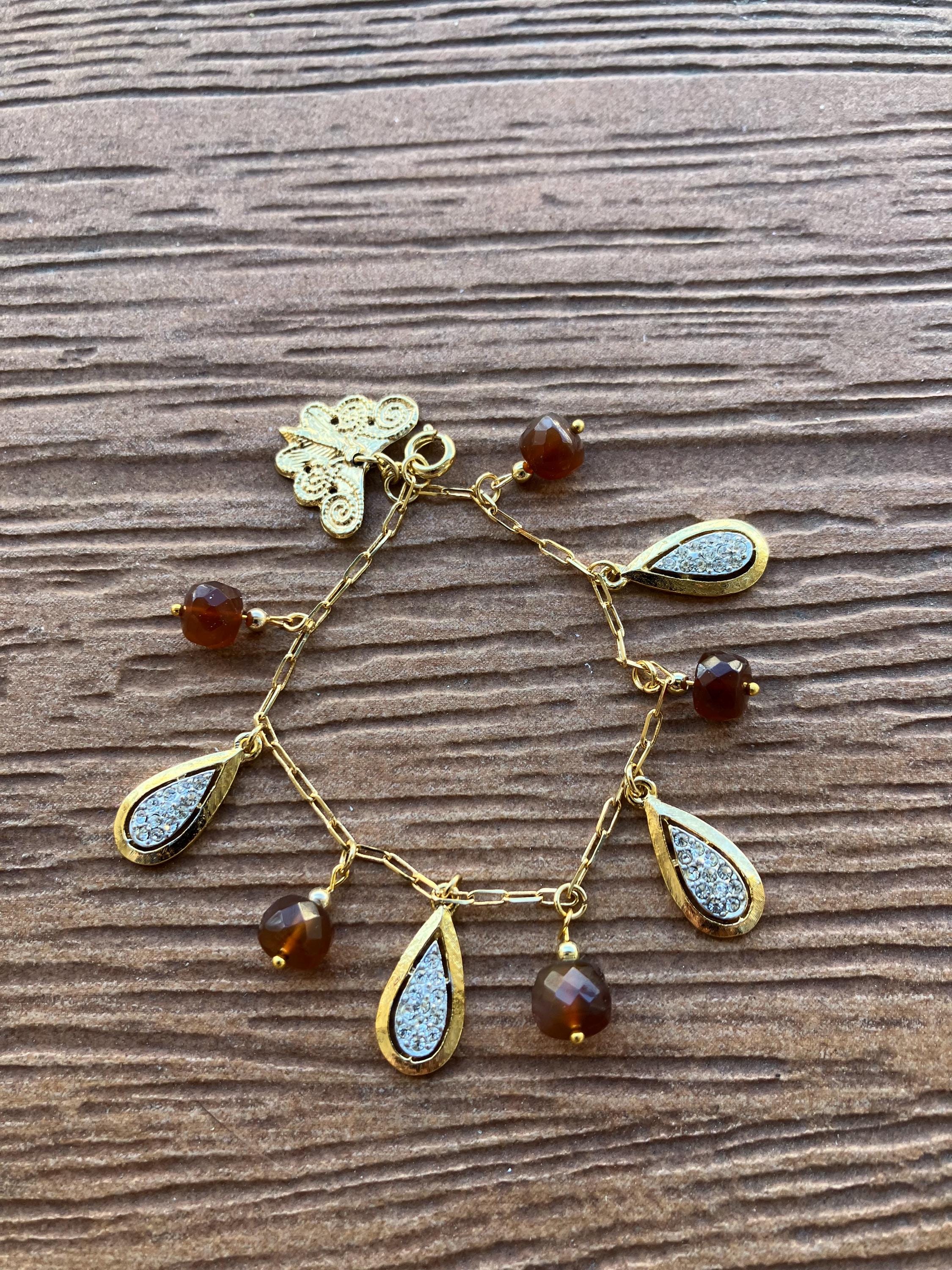 Bracelet chaîne pampilles plaqué or vintage avec semi précieuse cornaline facettée