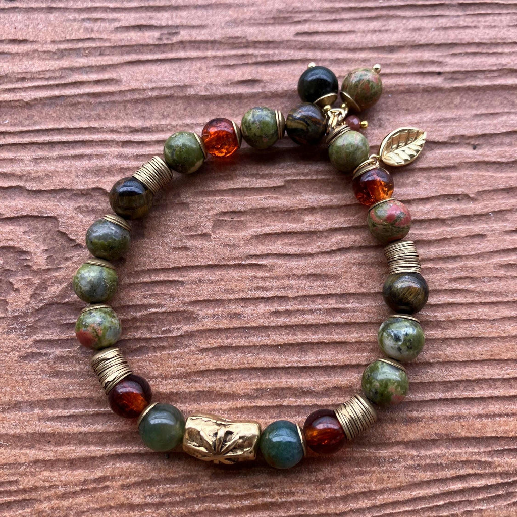 Bracelet ethnique chic semi précieuse unakite, œil de tigre, jade vert, étain massif et verre indien