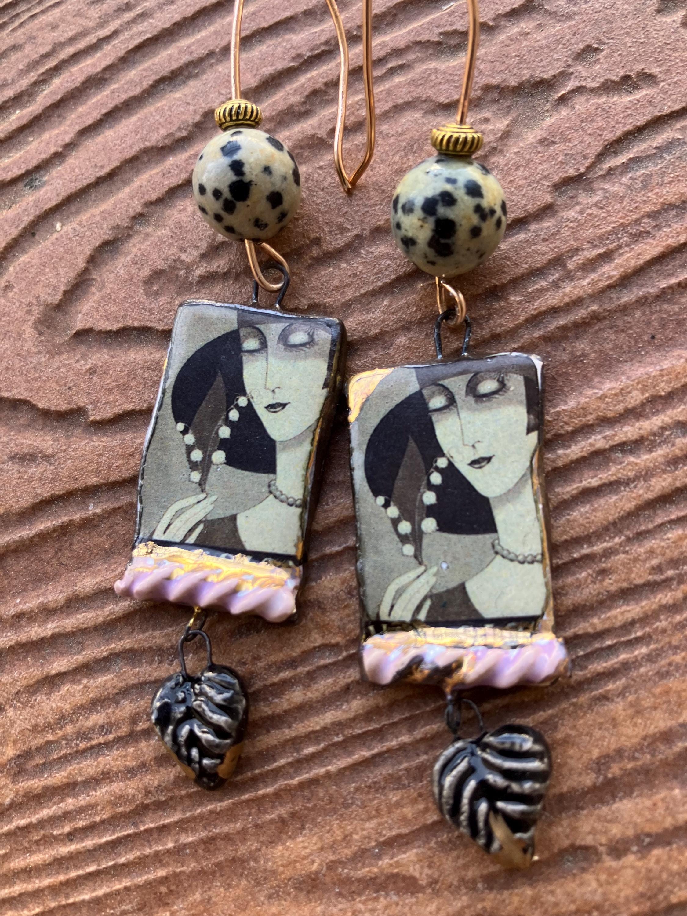 boucles vintage en céramique d art et jaspe dalmatien