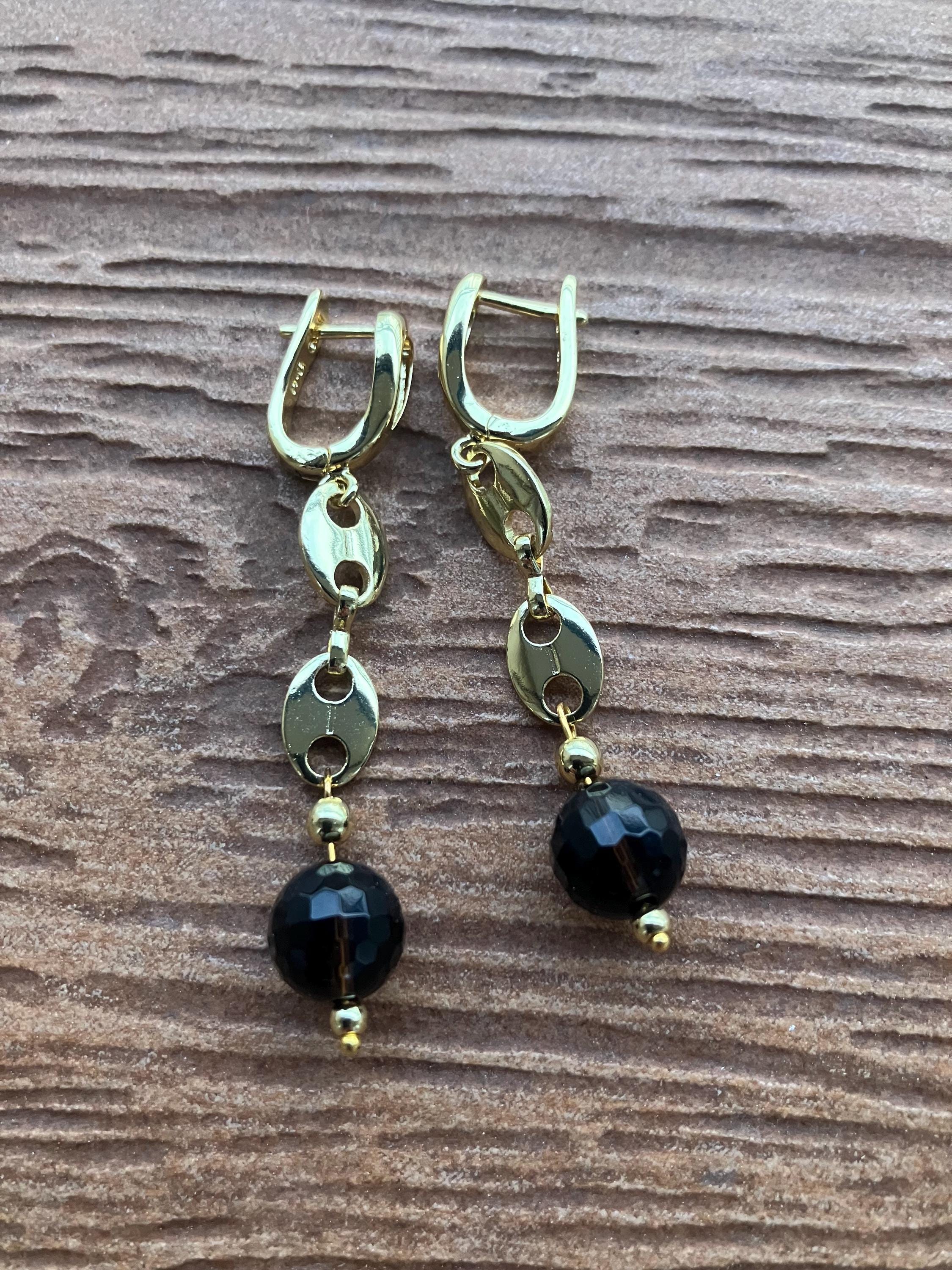 boucles modernes grain de café plaqué or et semi précieuse quartz fume facette