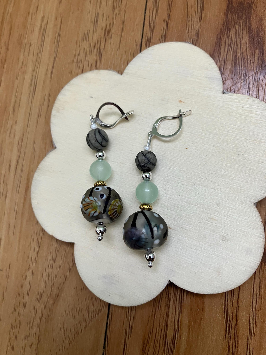 Boucles, boucles originales, boucles romantiques, verre filé d art, semi précieuse, aventurine, jaspe zèbre, argent 925