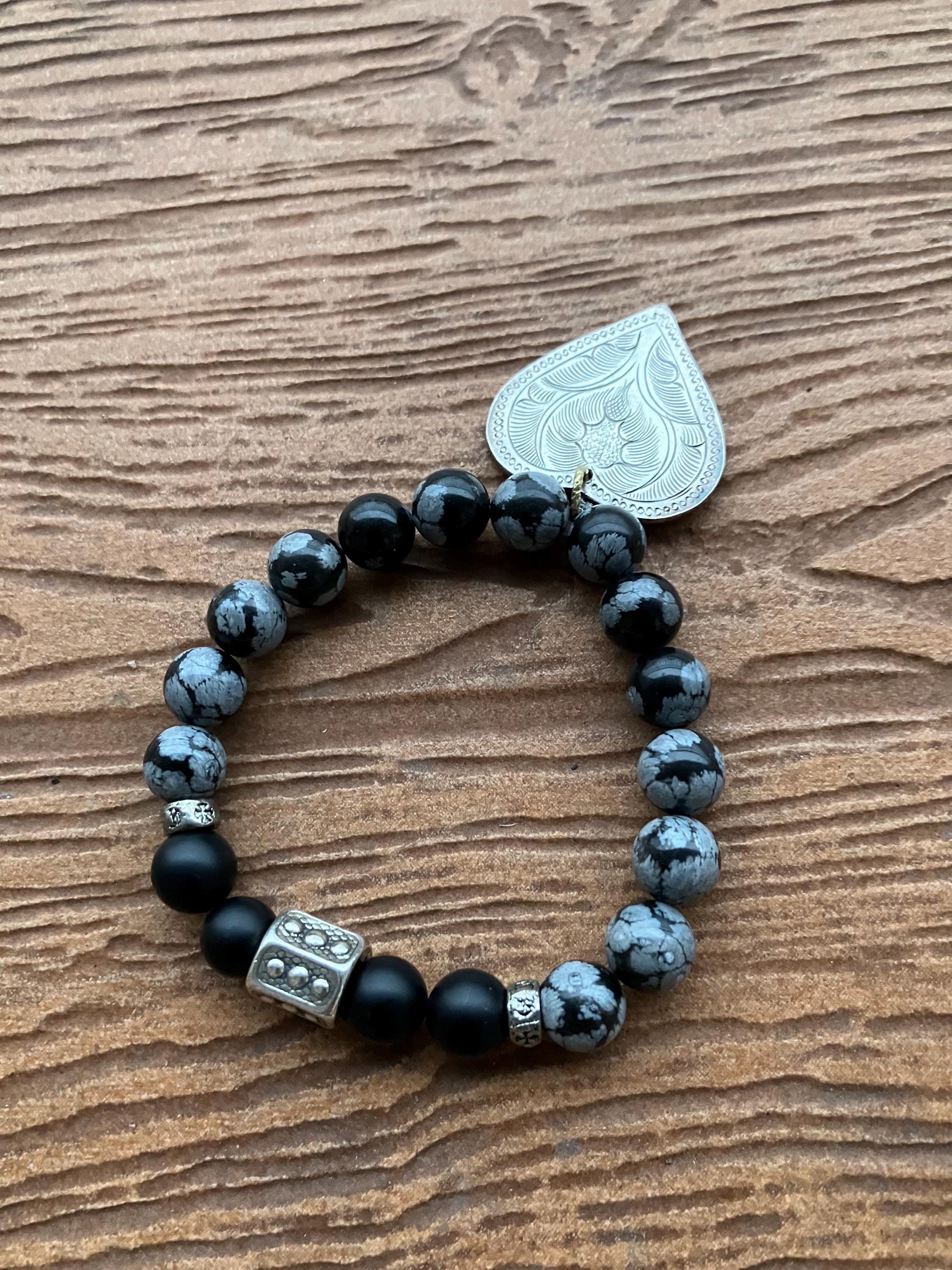 bracelet cœur bohème chic en pierres semi précieuse onyx noir et obsidienne flocon de neige