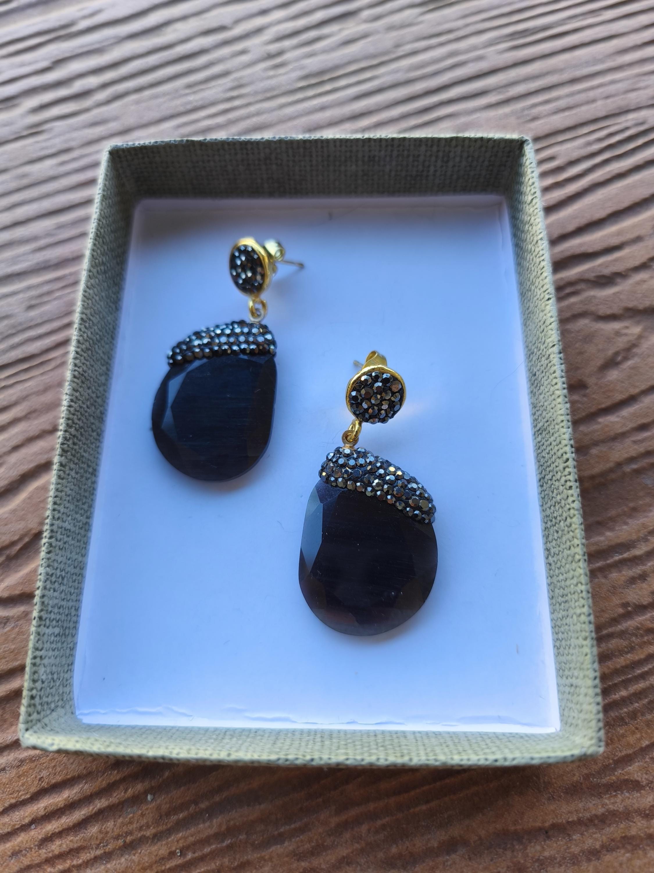 boucles semi précieuse quartz oeil de chat et strass