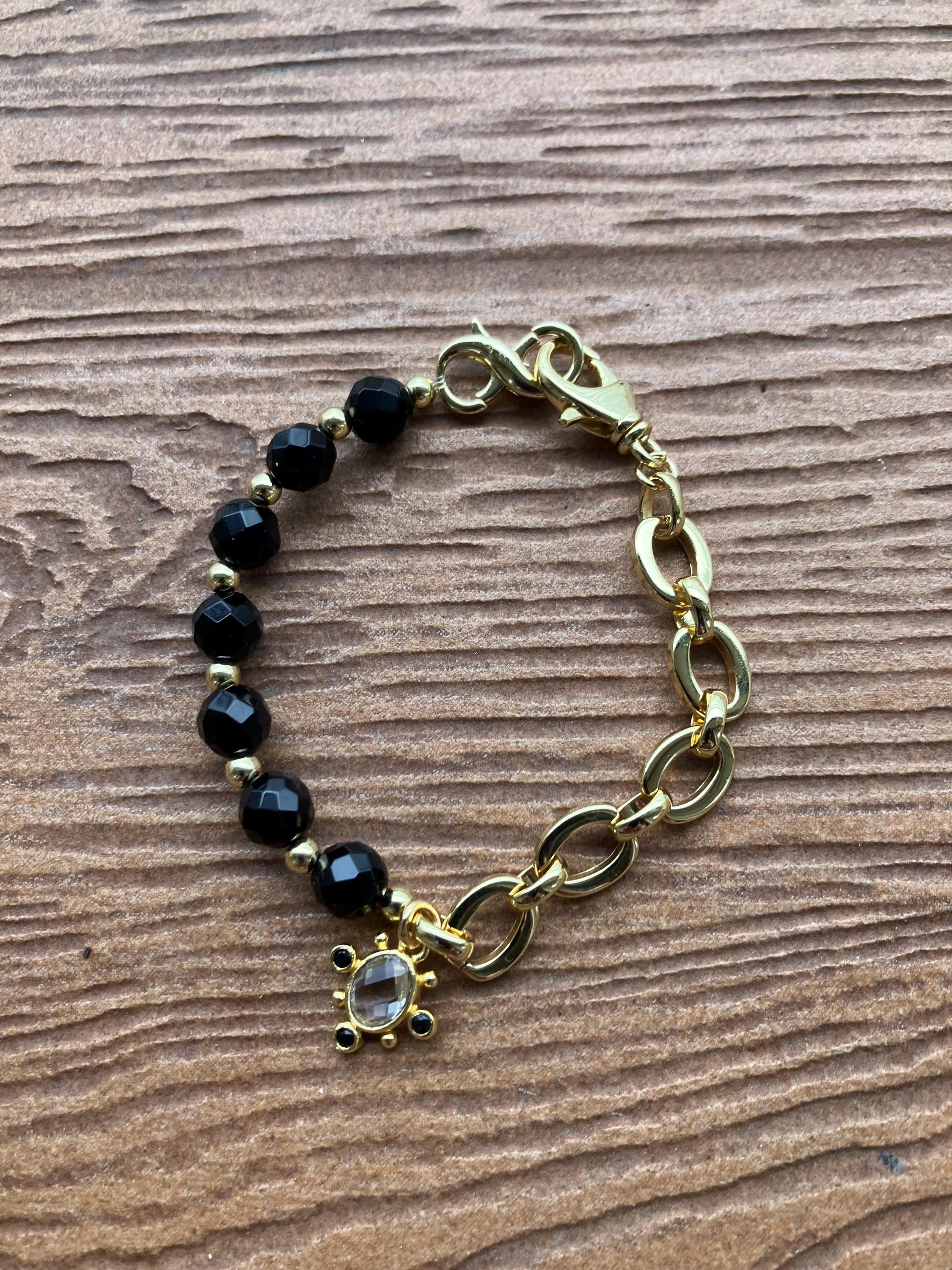 bracelet bi matière maille plaqué or et semi précieuse onyx noir facette
