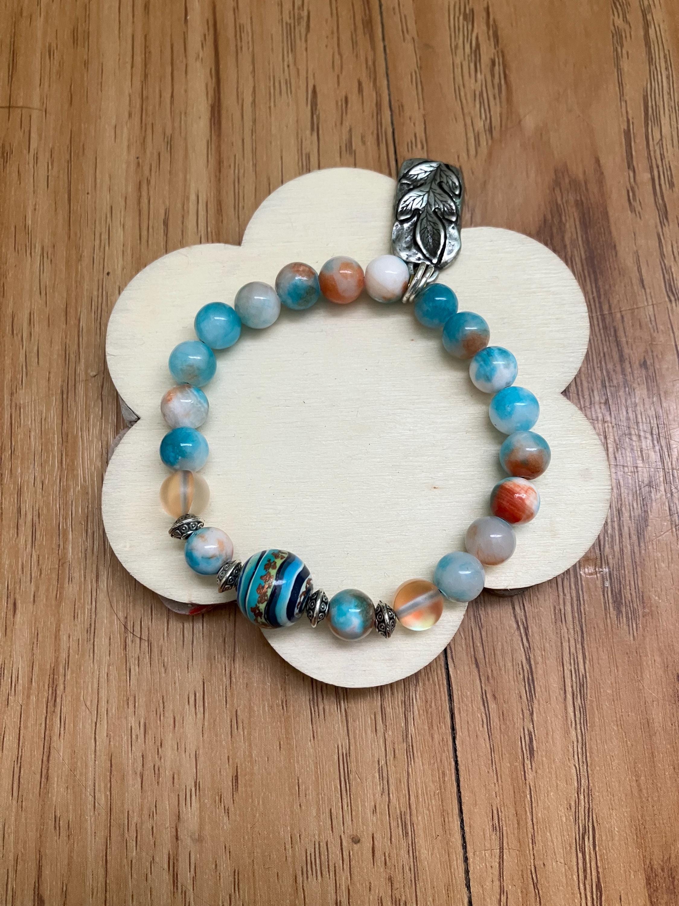 Bracelet semi précieuse calcédoine de Perse blanc bleu orange, bracelet fête des meres