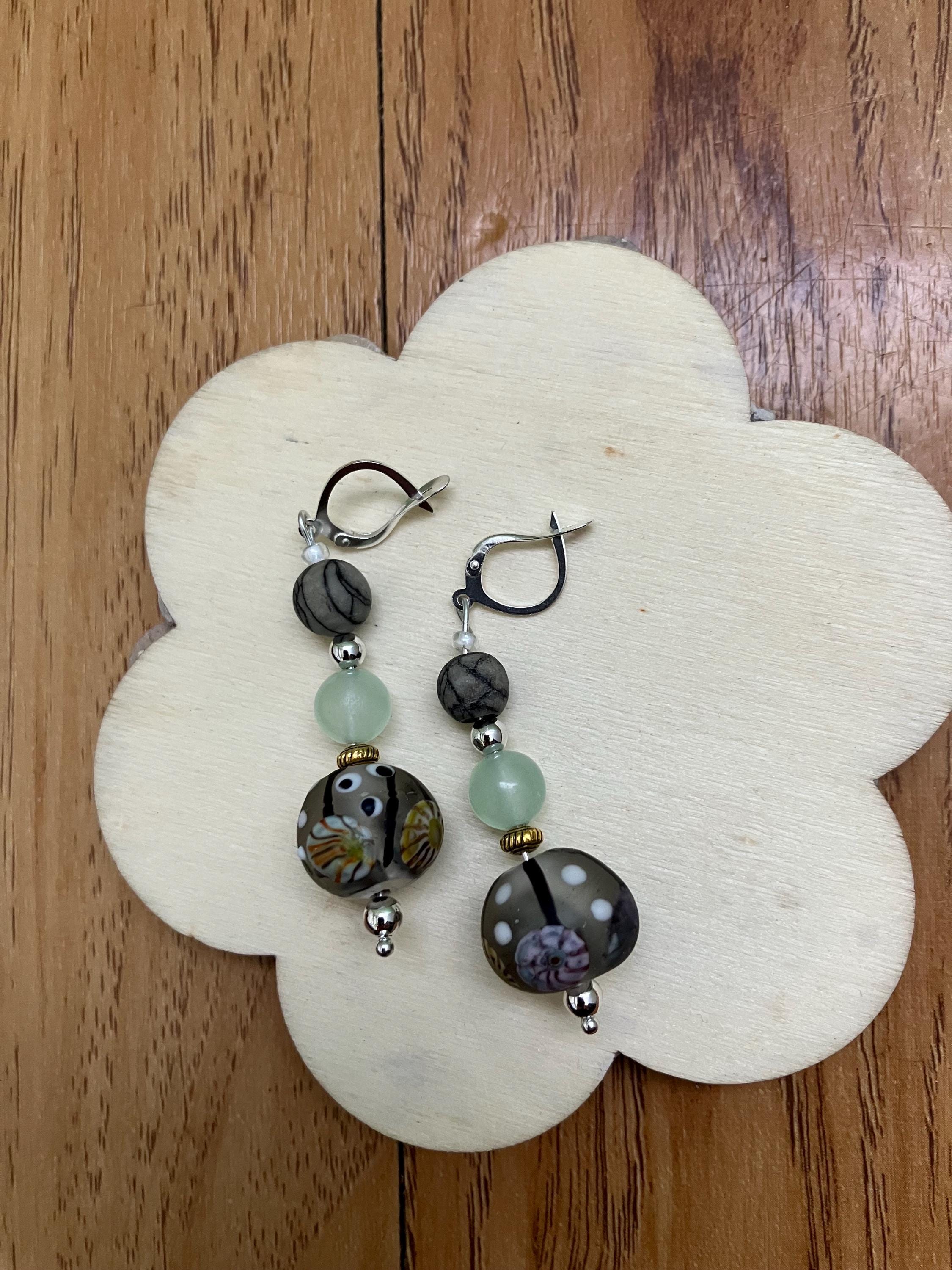 Boucles, boucles originales, boucles romantiques, verre filé d art, semi précieuse, aventurine, jaspe zèbre, argent 925