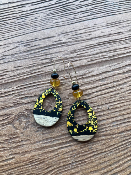 boucles bohème chic originale bi matière résine et bois, verre filé d art, plaqué or et bronze