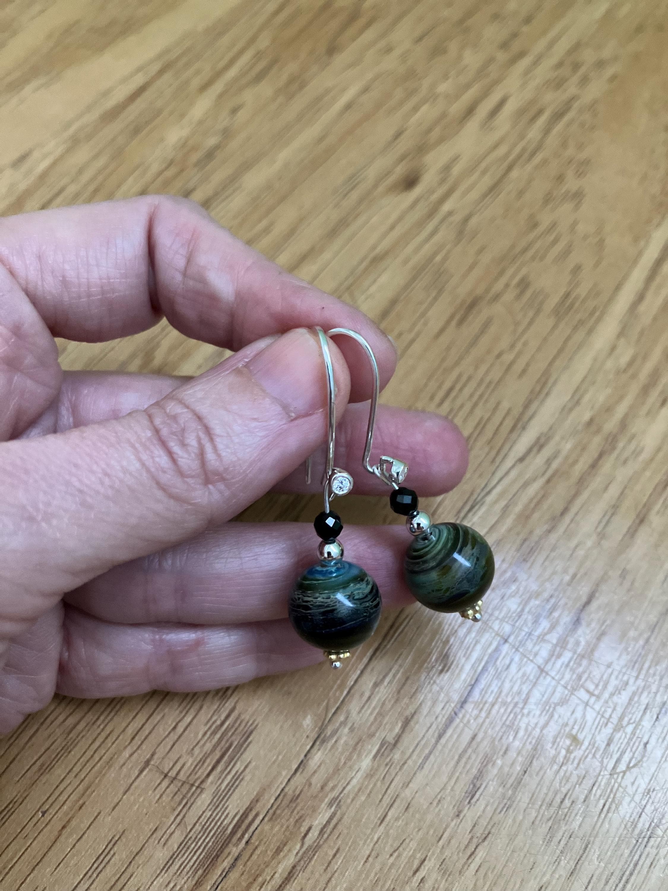 boucles, boucles classiques argent 925, verre filé d art, onyx, bleu, vert, noir