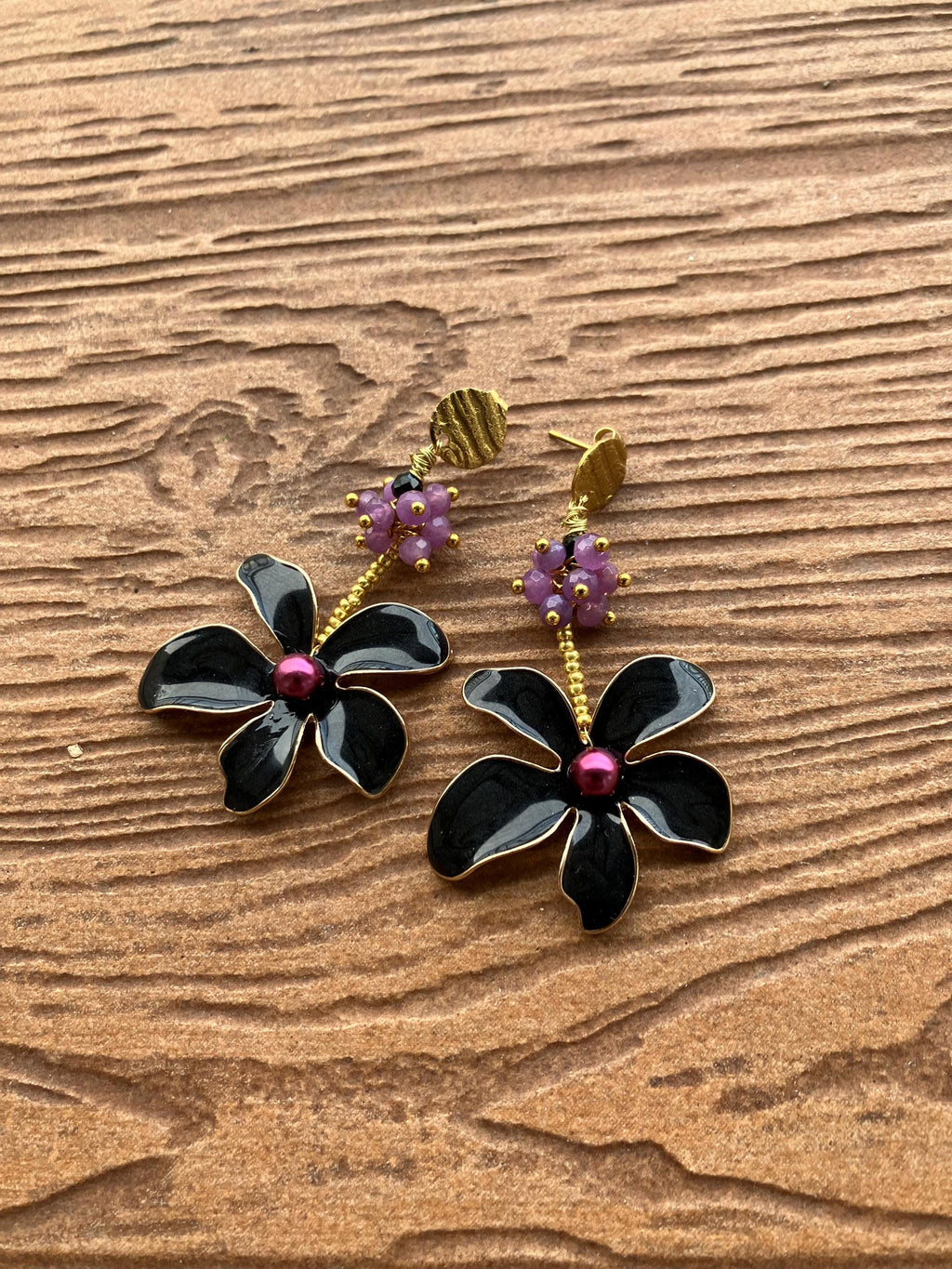 grandes boucles d oreille fleur en acier inoxydable, émail et semi précieuse facette