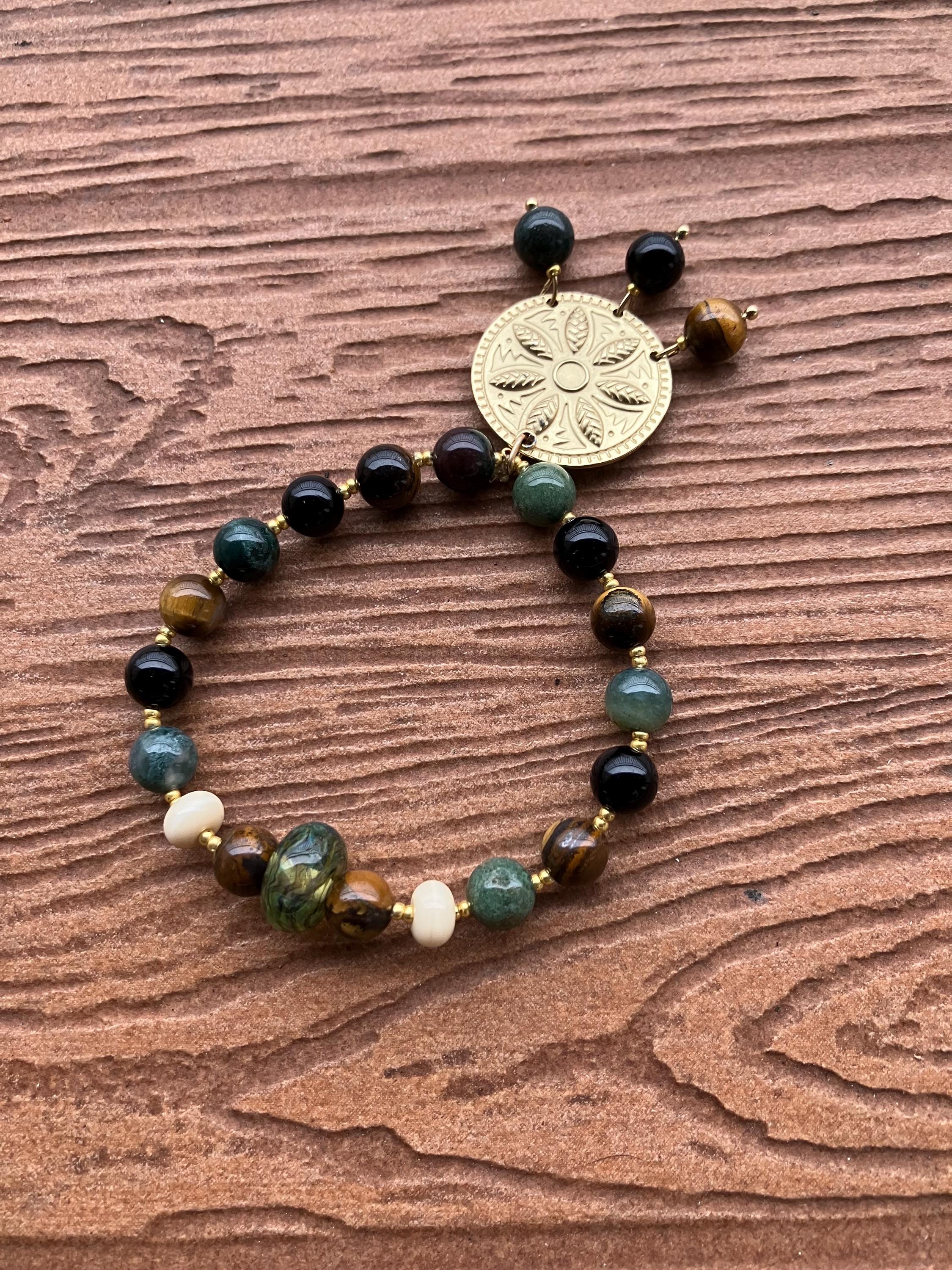 bracelet original perles semi précieuse onyx noir, œil de tigre, agate tibétaine