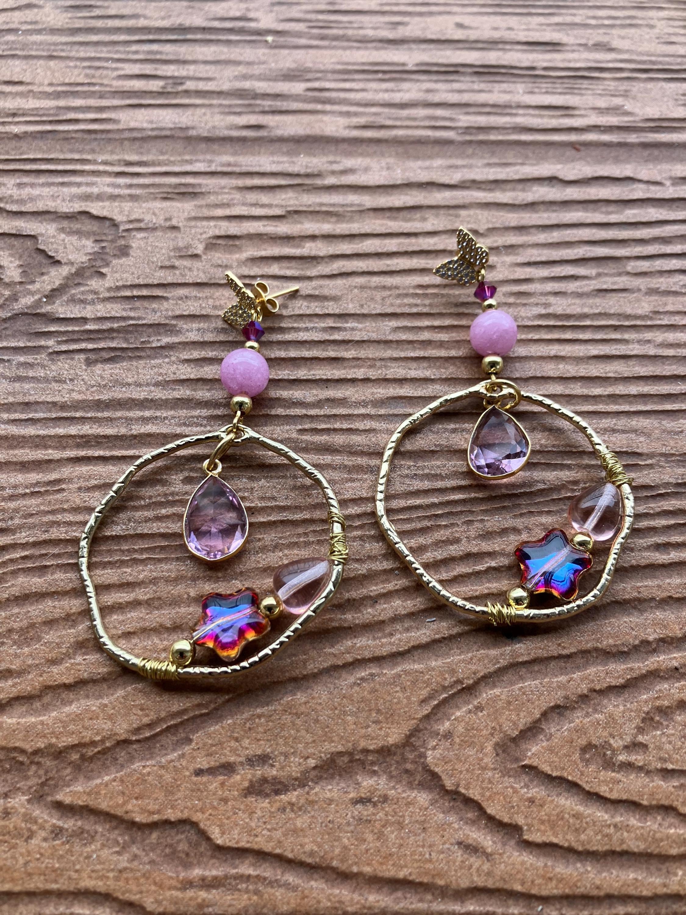 boucles artistiques papillons or et rose originales anneaux martelés